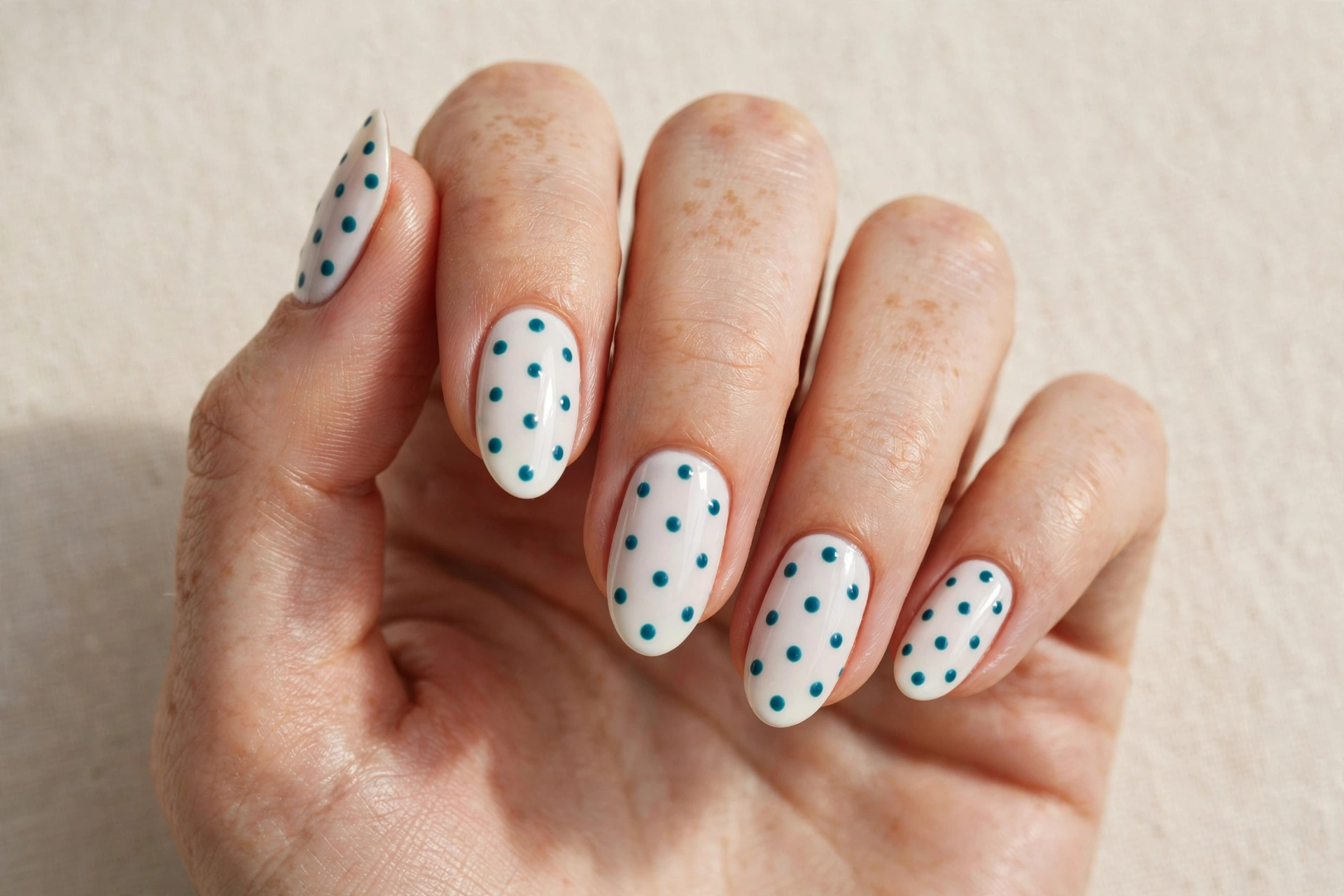 Teal polka dots on a white manicure