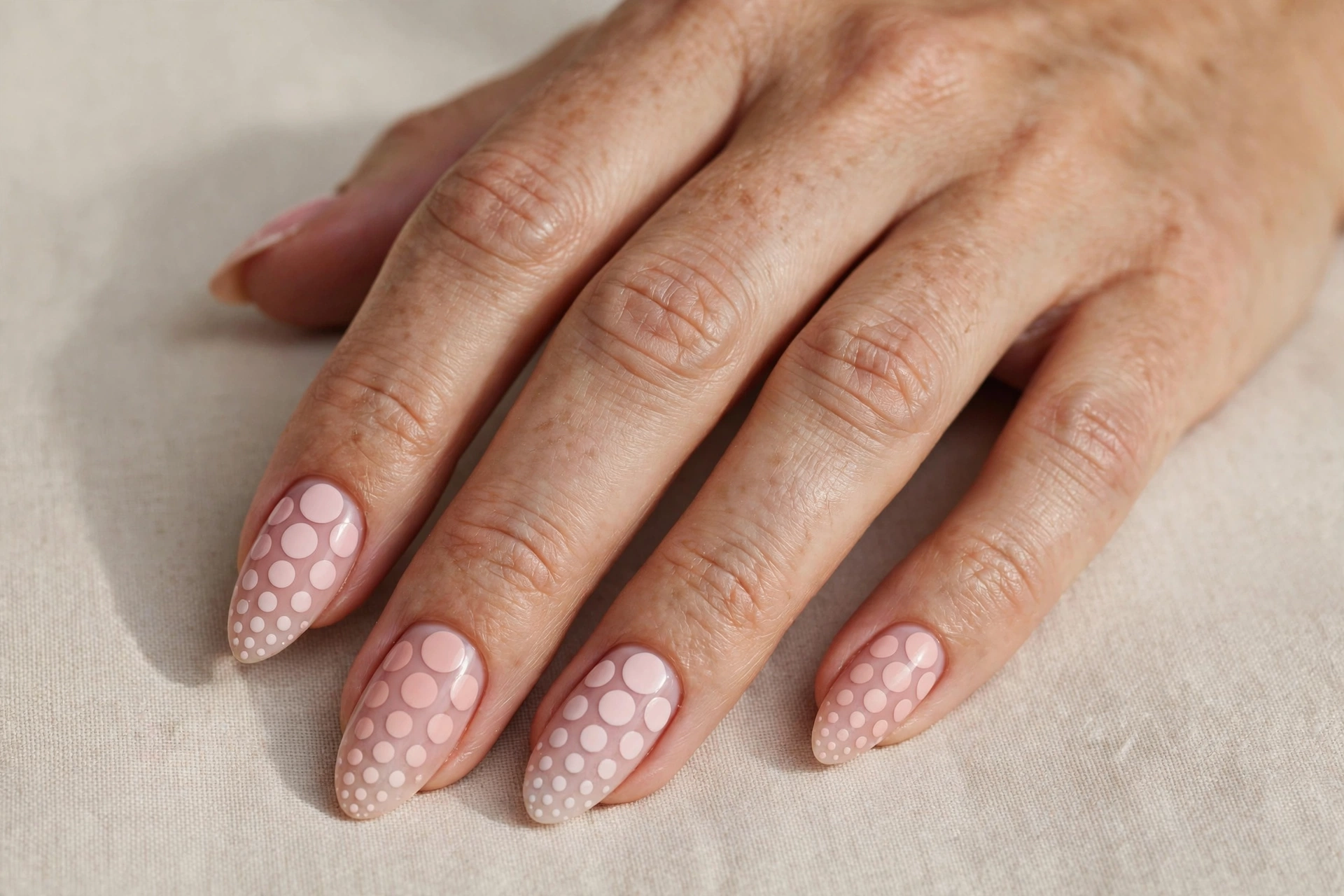 Graduated ombre polka dots fading from large to tiny on a blush pink manicure