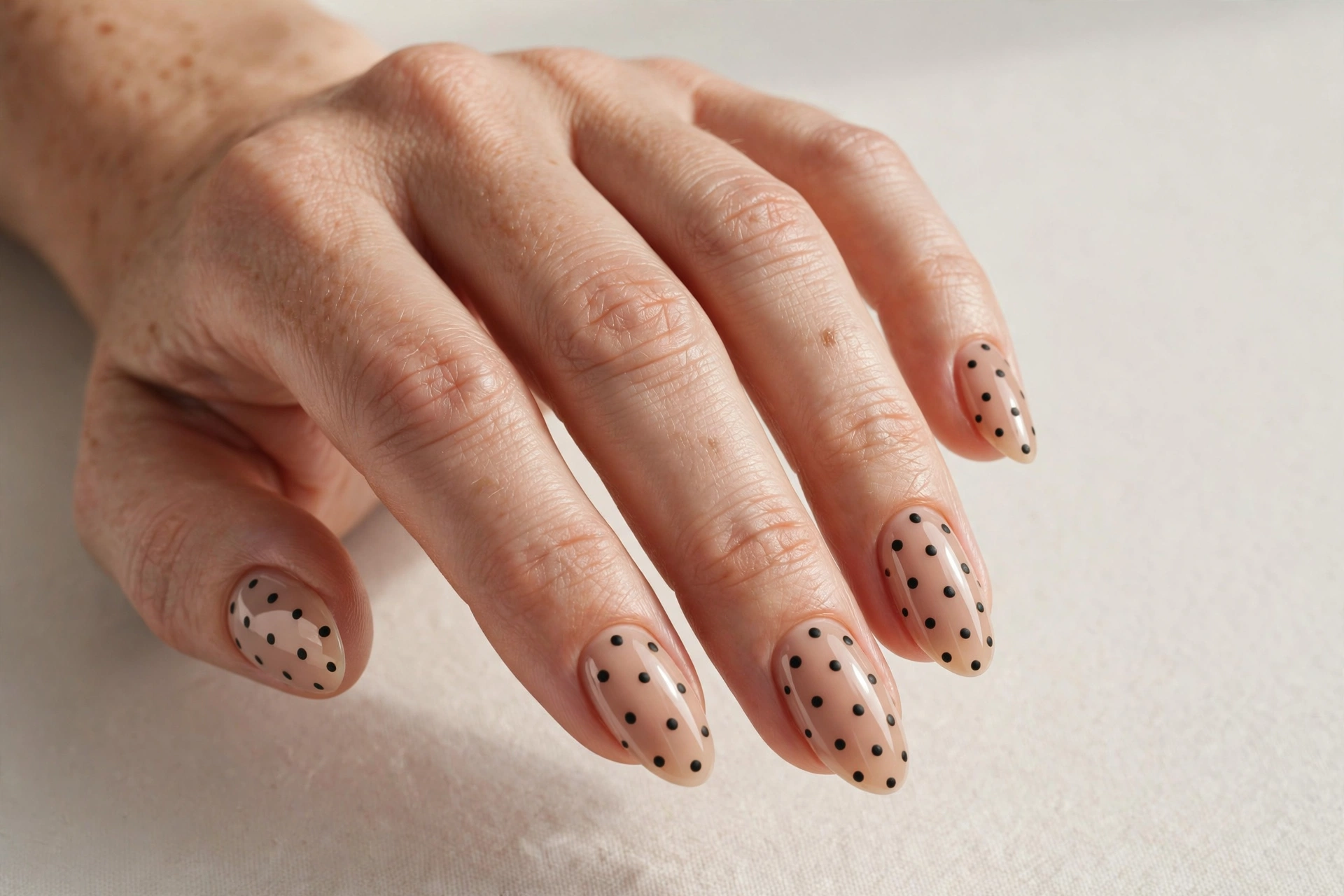 Matte black polka dots on a glossy nude manicure