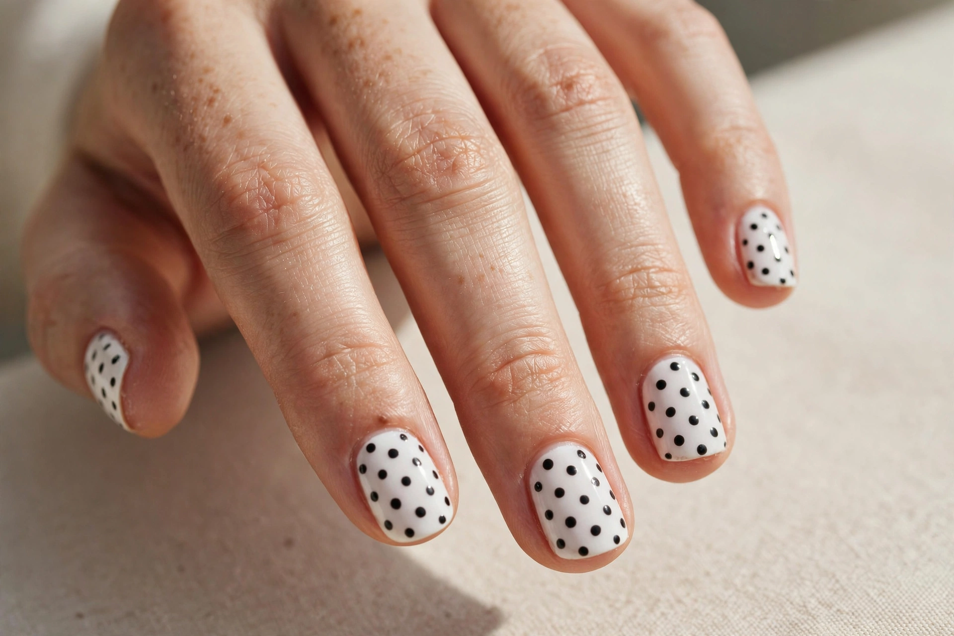 Short nails with classic black polka dots on a white base
