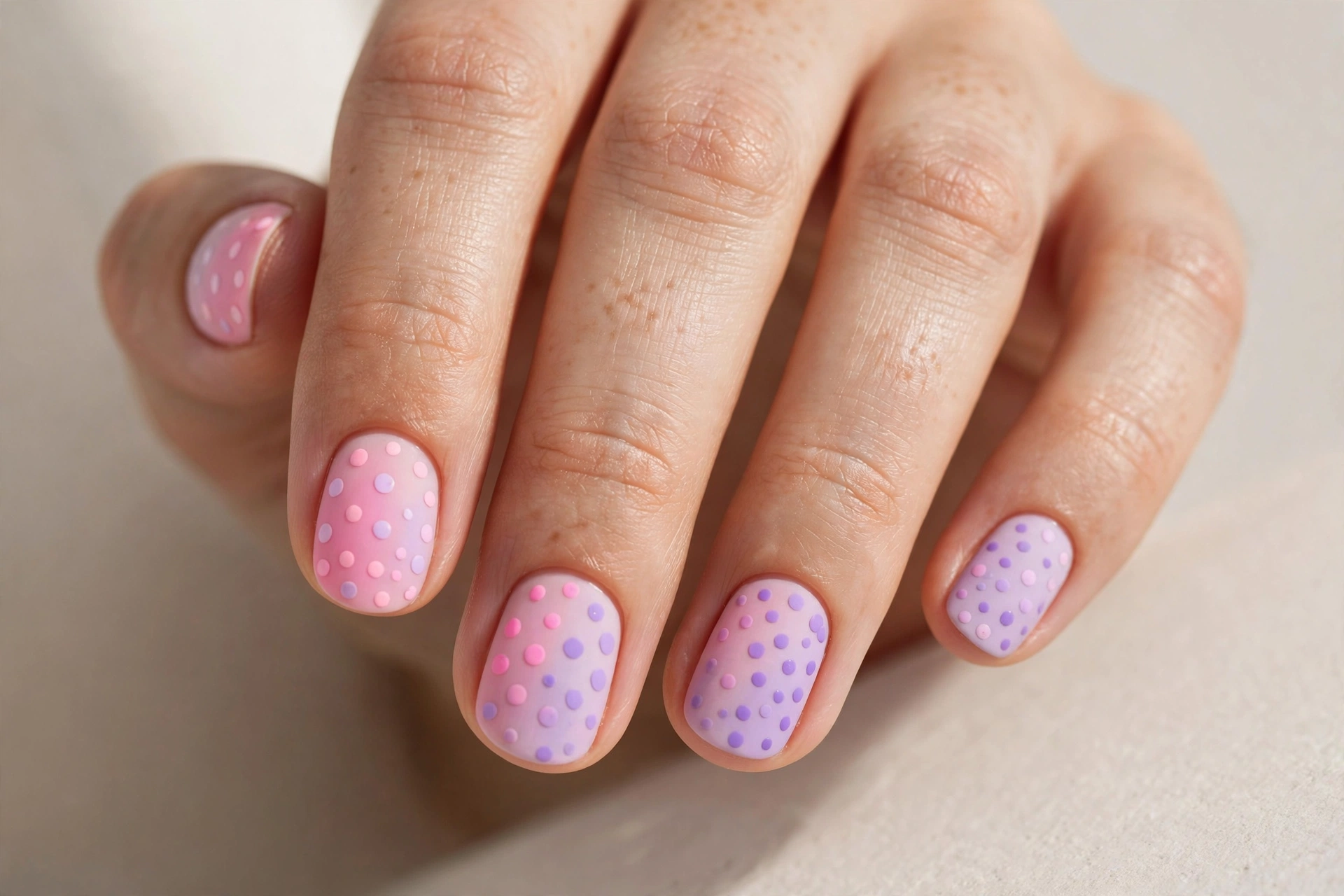 Short nails with pastel pink and lavender polka dot gradient