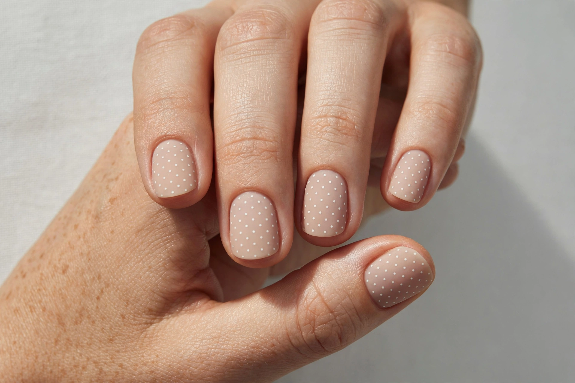 Short nude nails with tiny micro polka dots