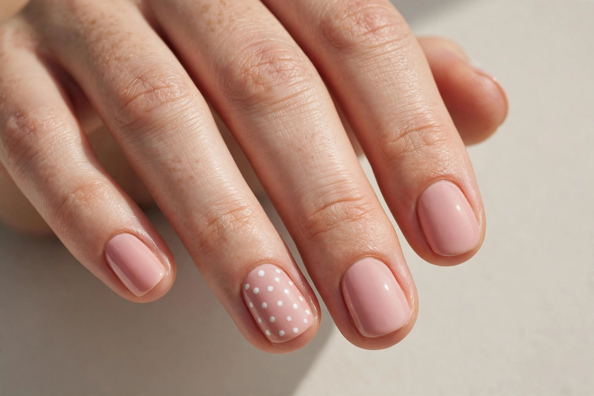 Blush pink short nails with a single polka dot accent nail