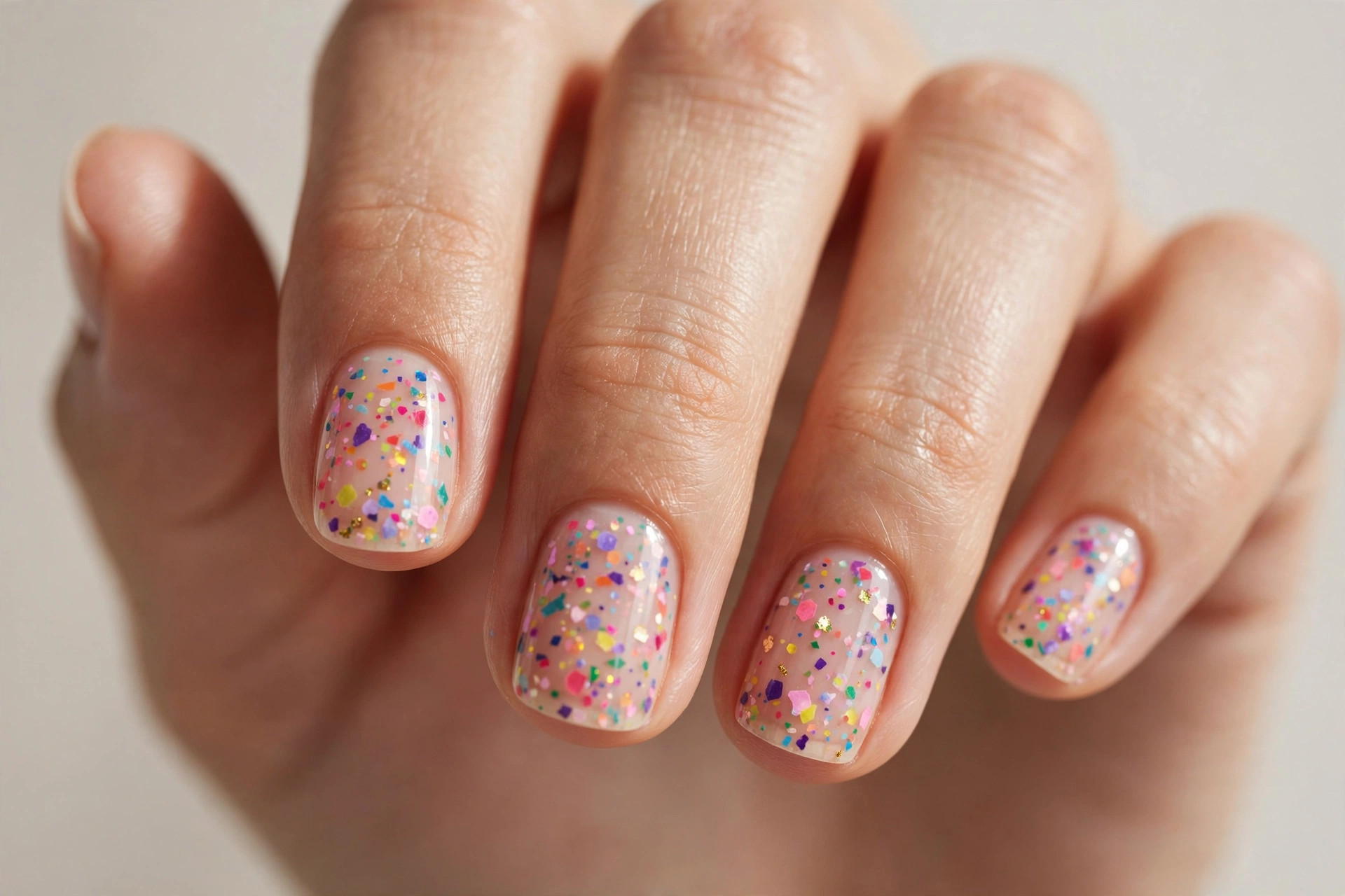 Short nails with colorful confetti polka dots on clear base