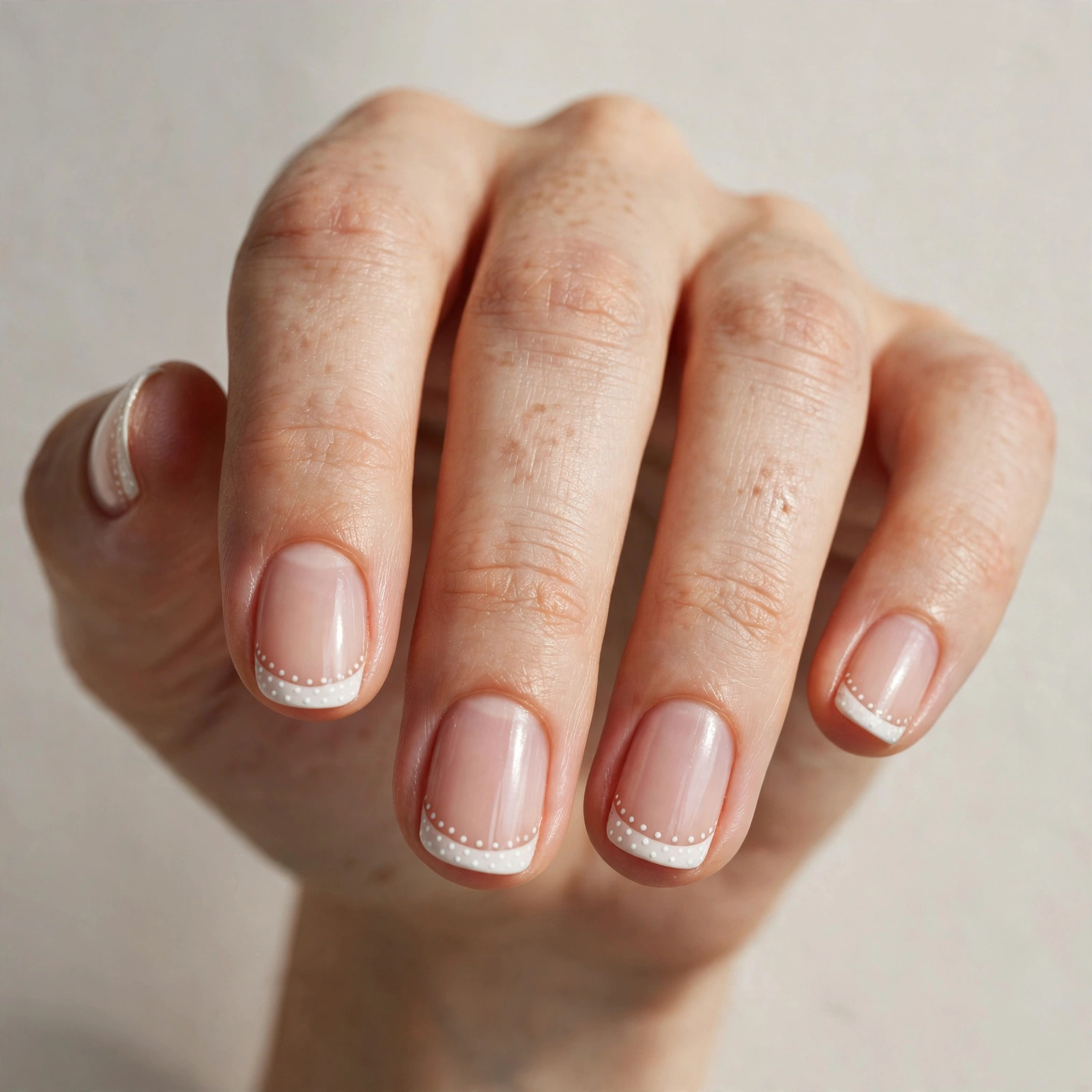 Short french tip nails decorated with tiny polka dots