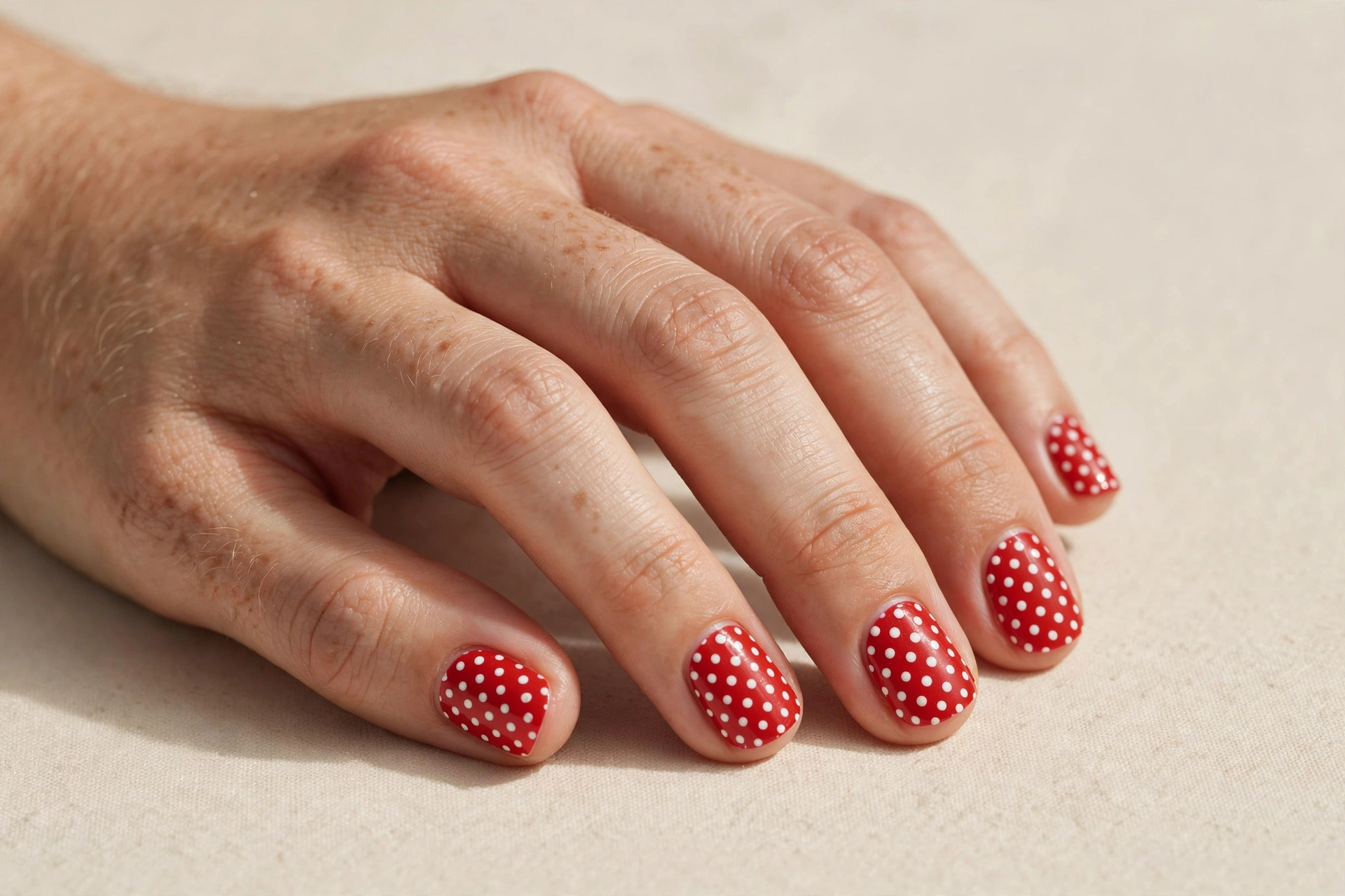Short nails with retro red and white polka dots