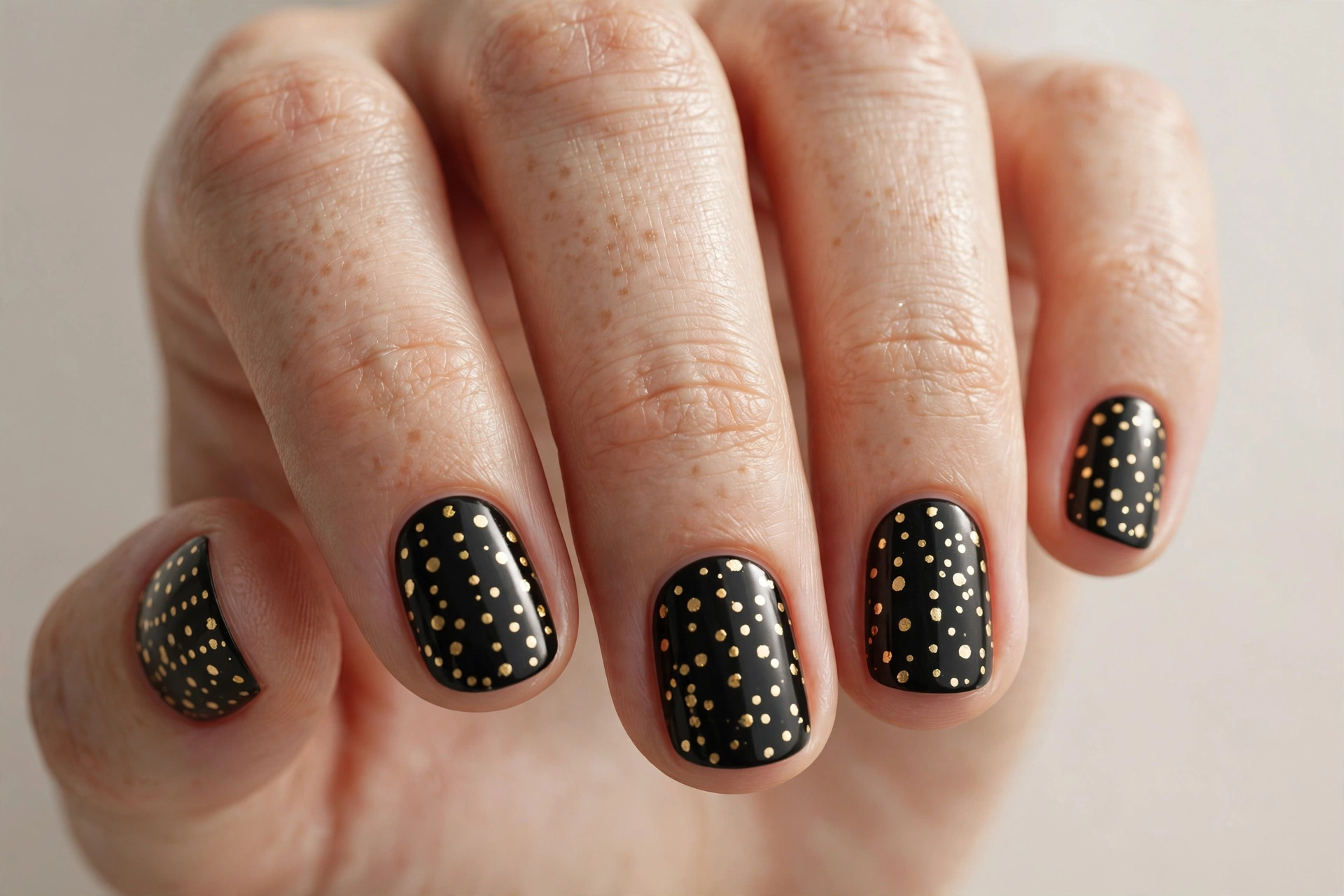 Short black nails with gold polka dots