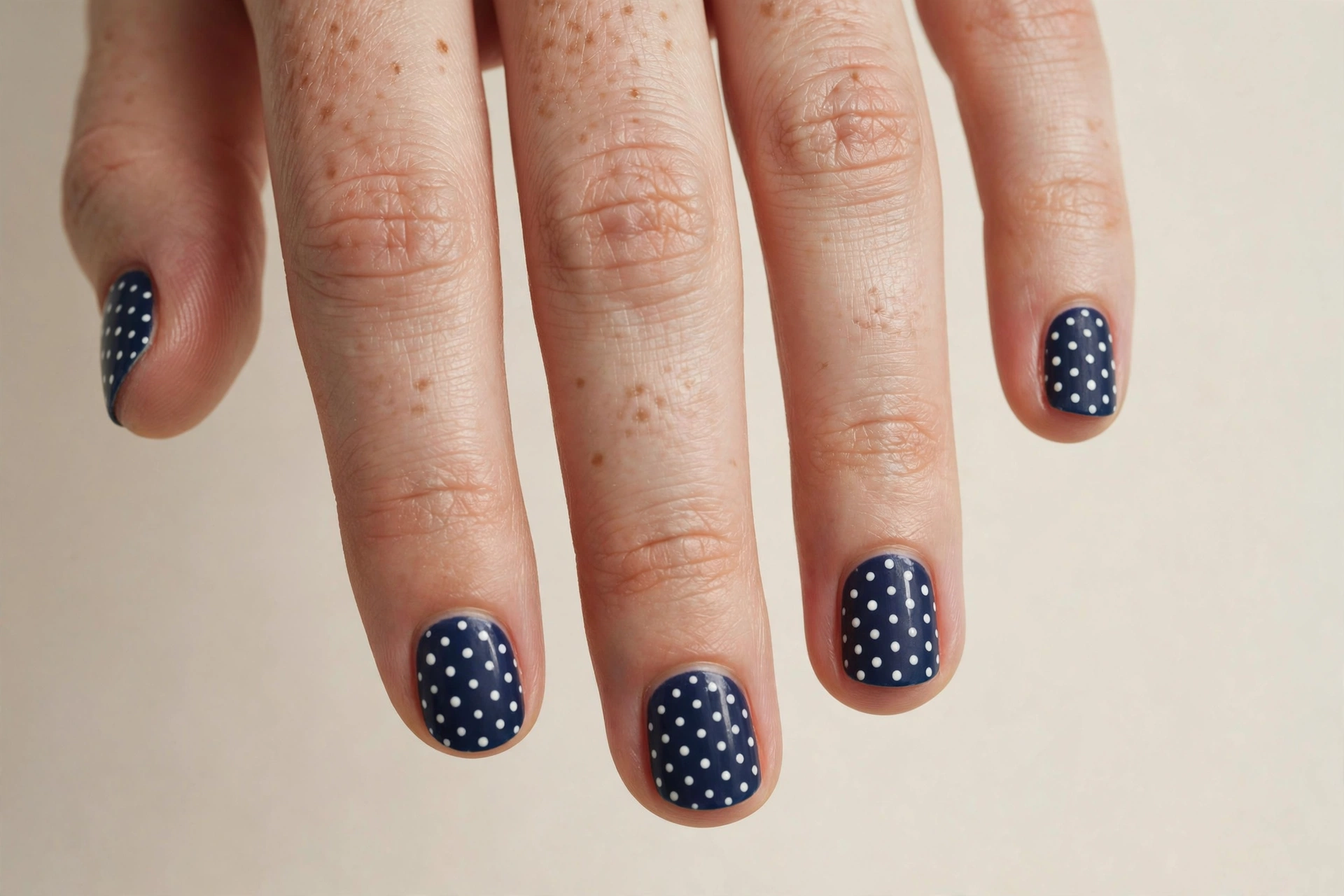 Short navy blue nails with white polka dots