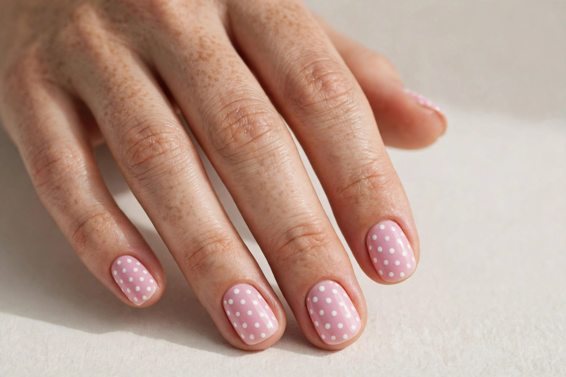 Short nails with pink and white polka dots