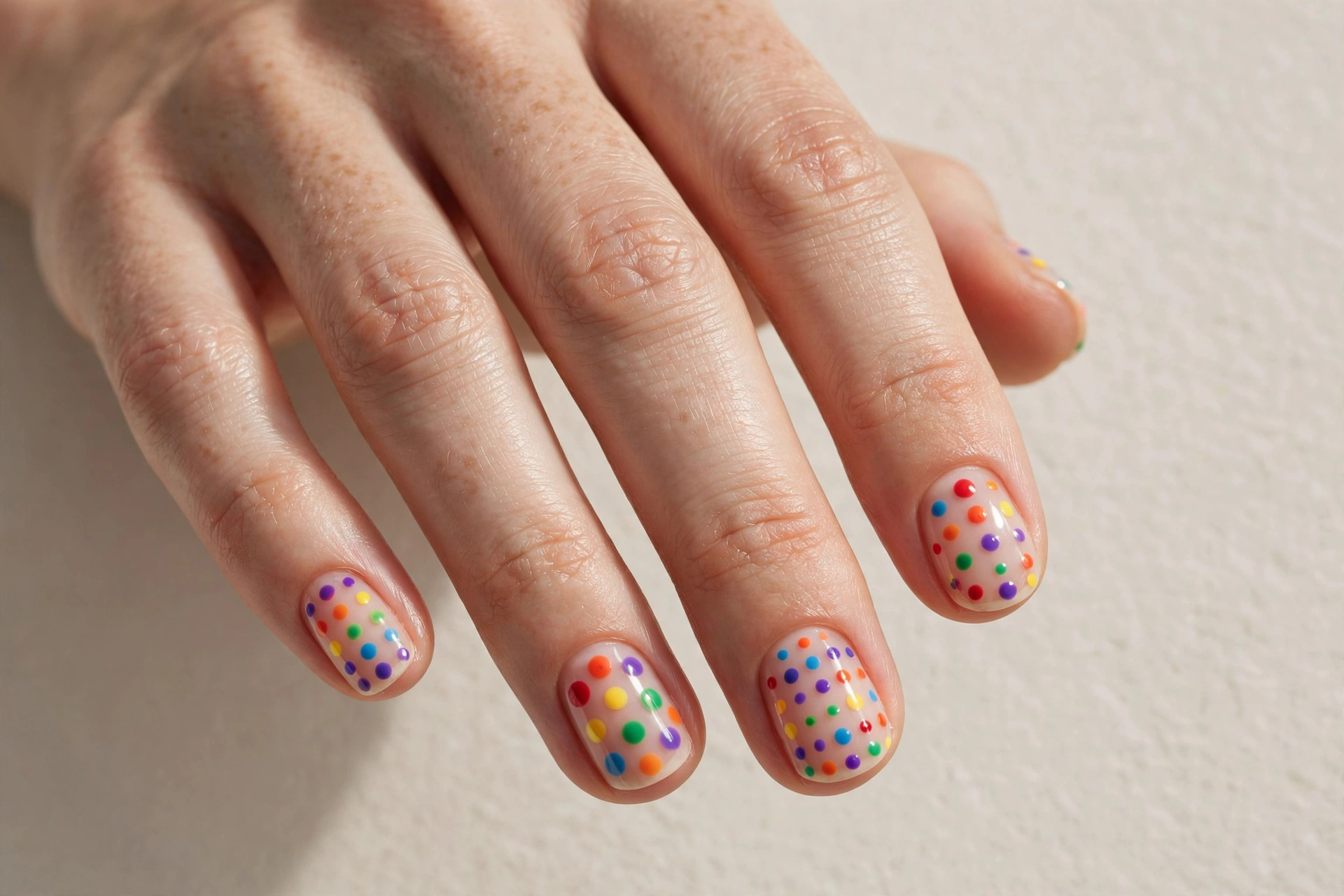 Short nails with rainbow colored polka dots