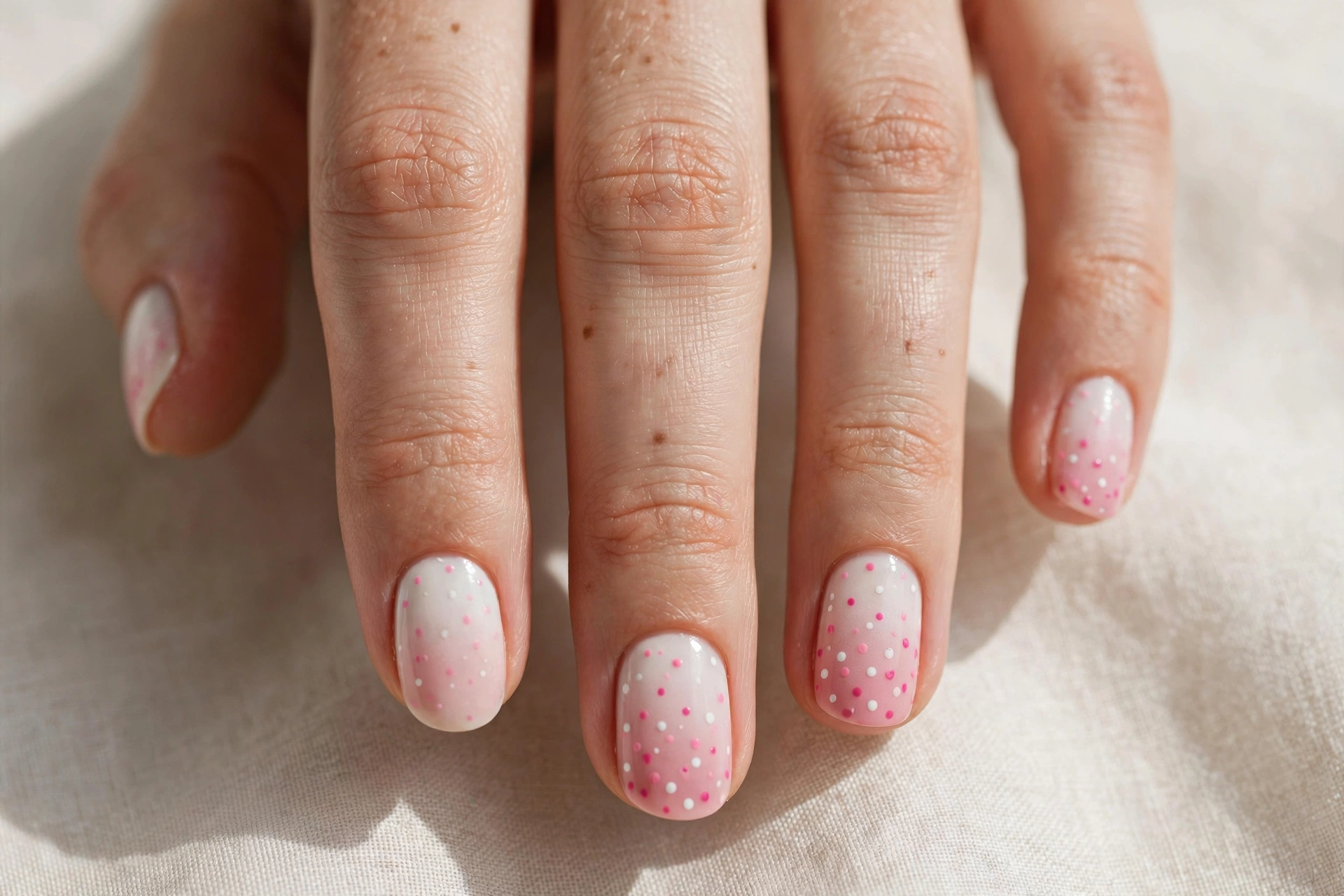 Short nails with polka dot ombre fade from white to pink