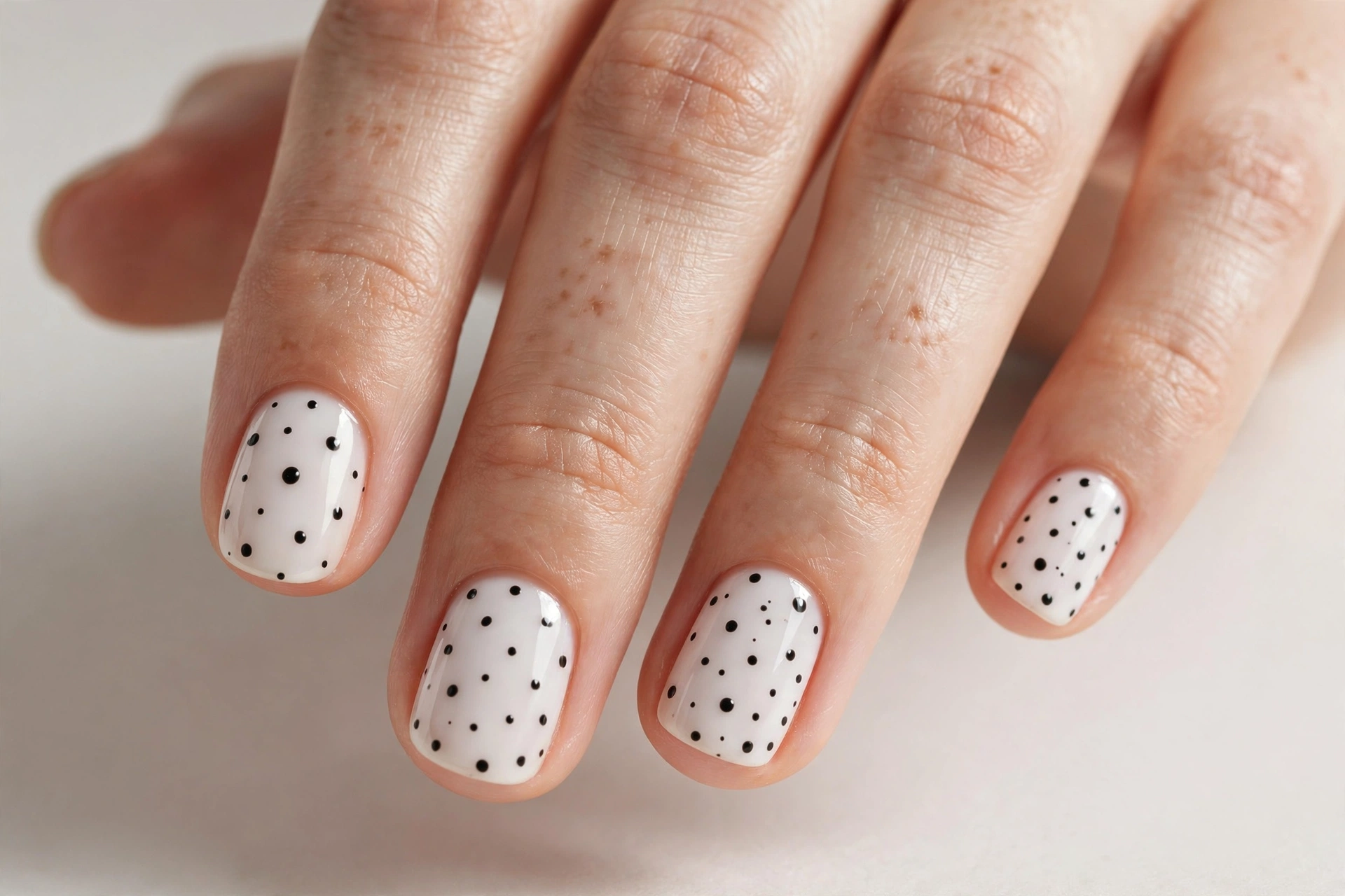 Short milky white nails with black polka dots
