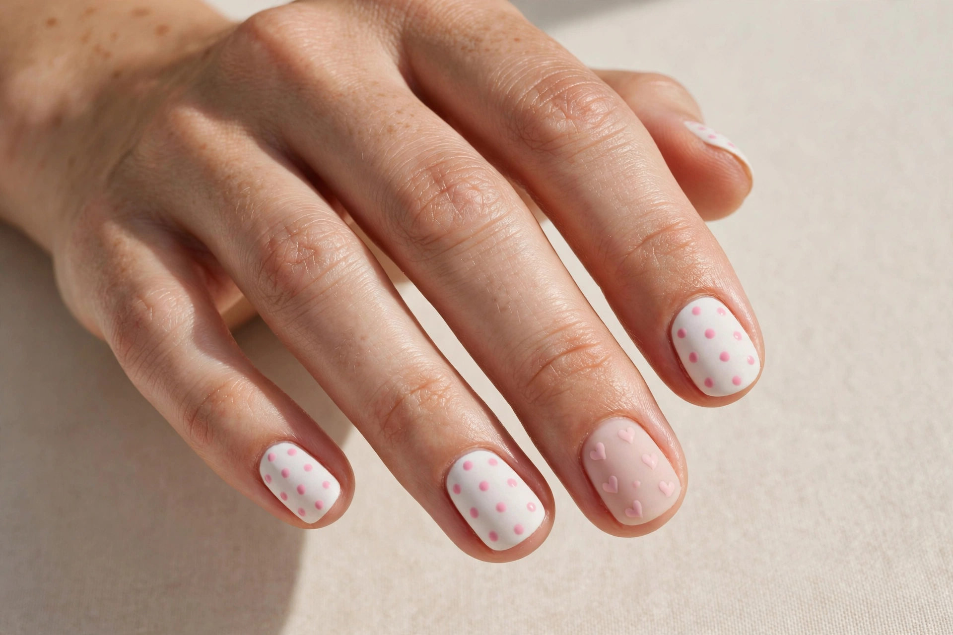 Short nails with polka dots and small heart accent nail art