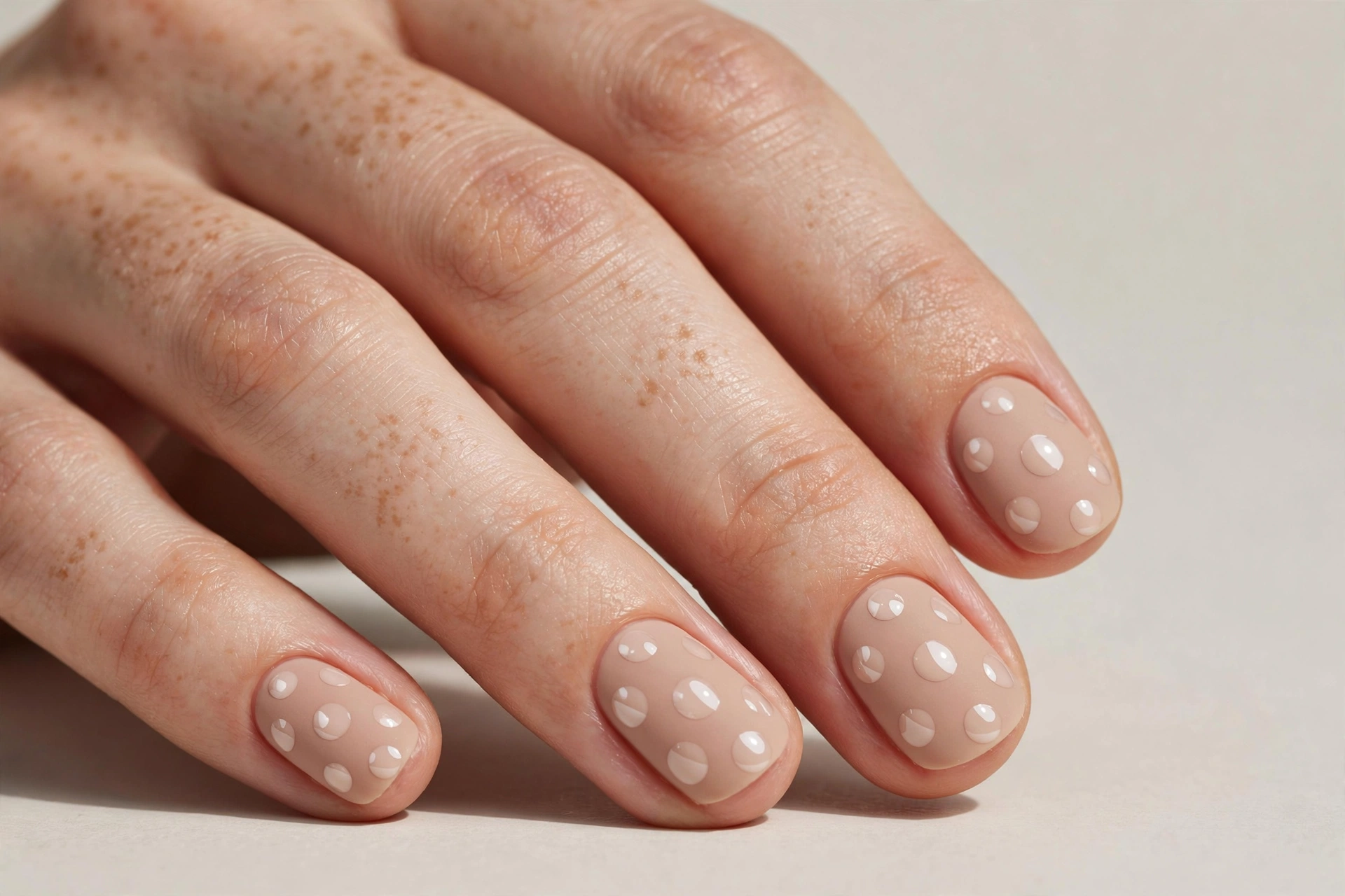 Short matte nude nails with glossy polka dots