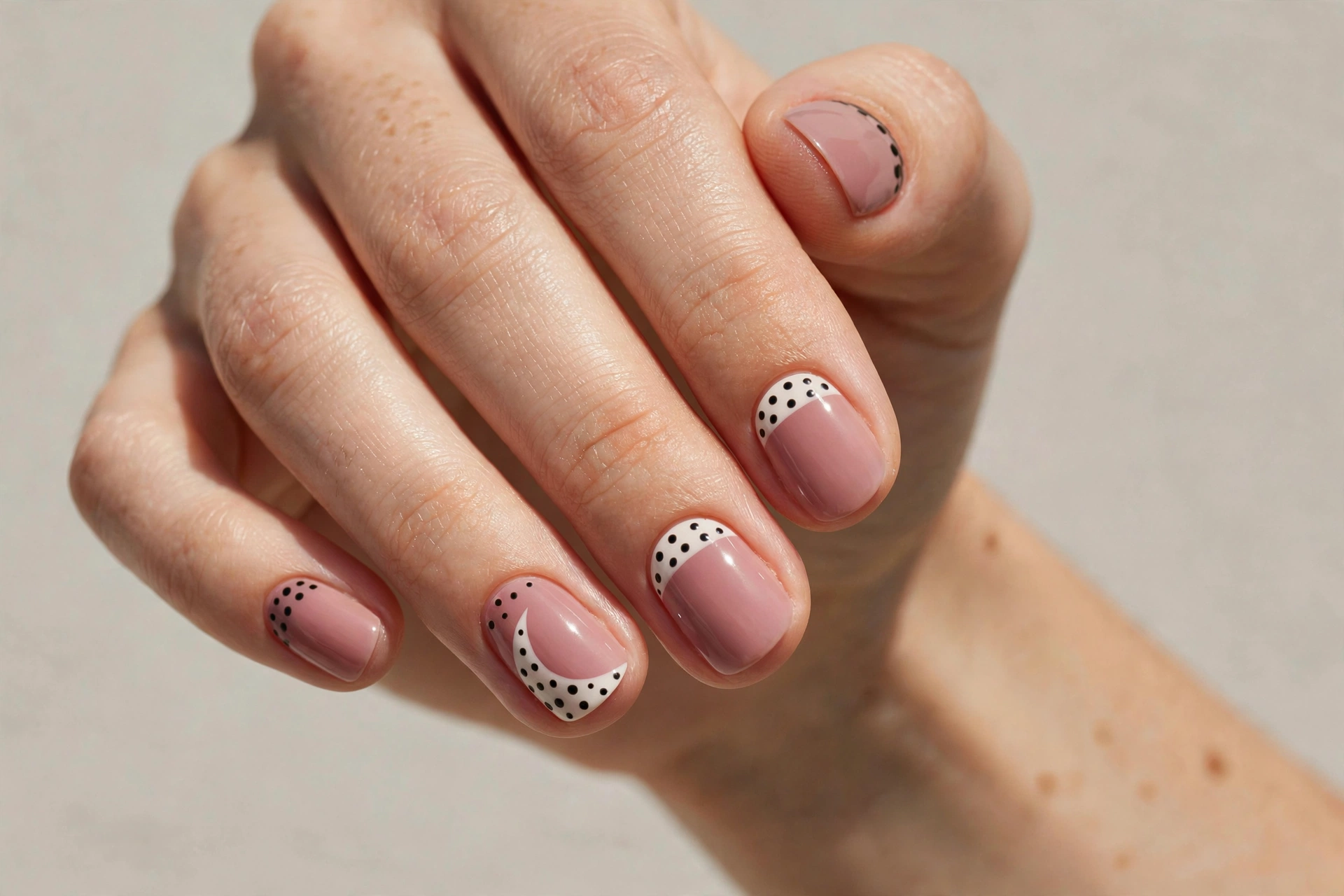 Short nails with polka dot half moon manicure