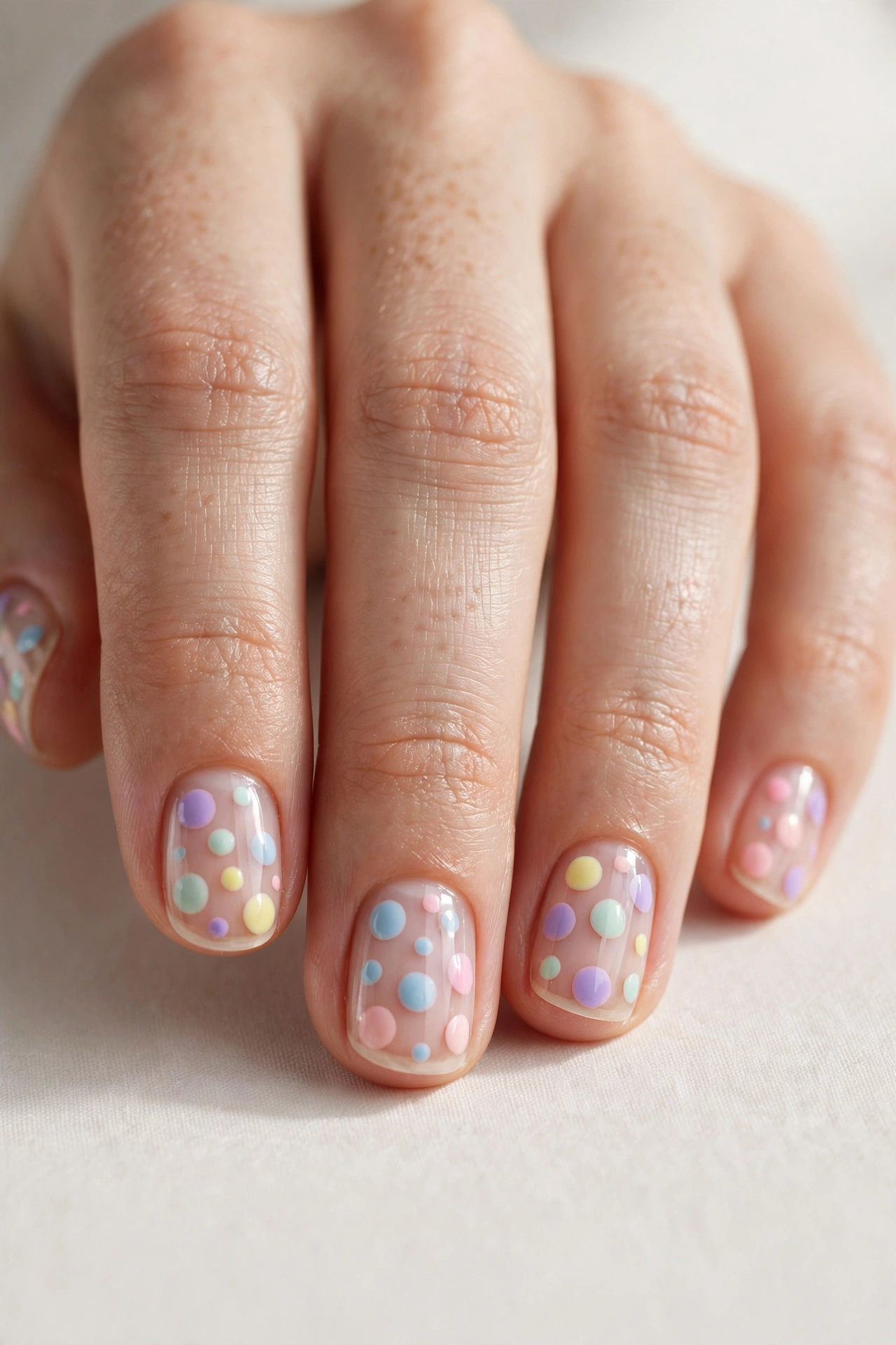 Short nails with multicolor pastel polka dots on clear base