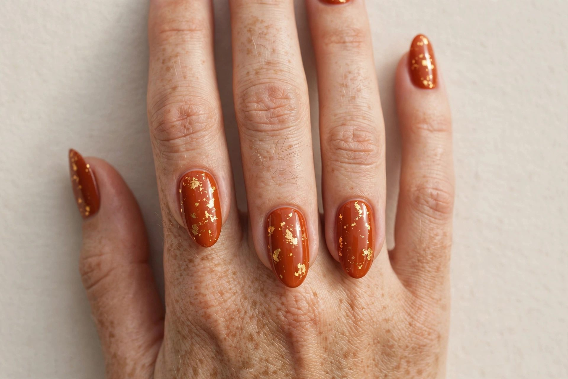 Burnt orange nails with gold foil flecks on almond-shaped nails