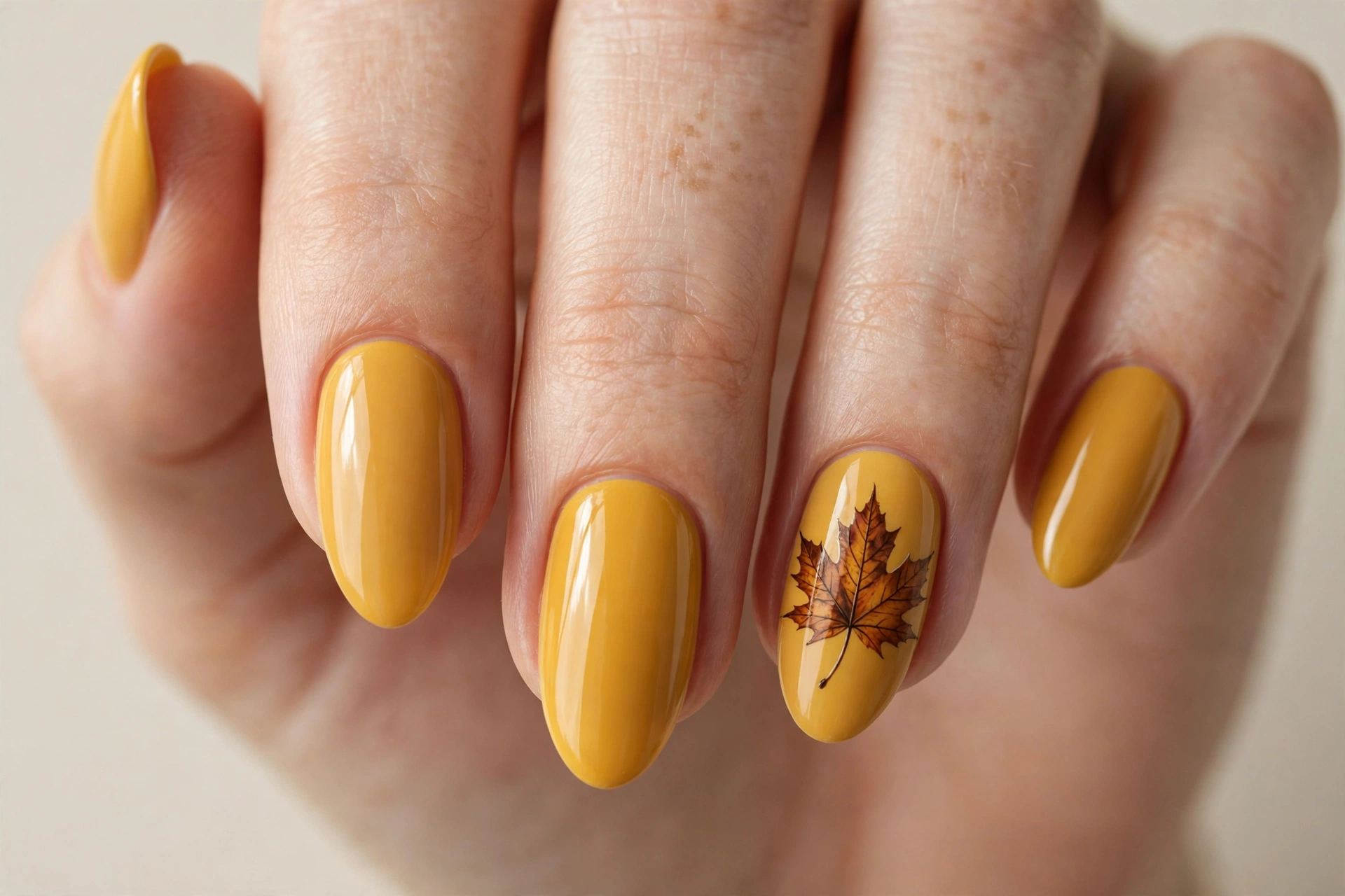 Mustard yellow nails with a maple leaf accent nail