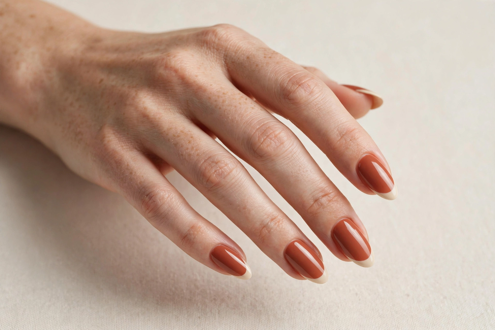 Terracotta nails with cream French tips