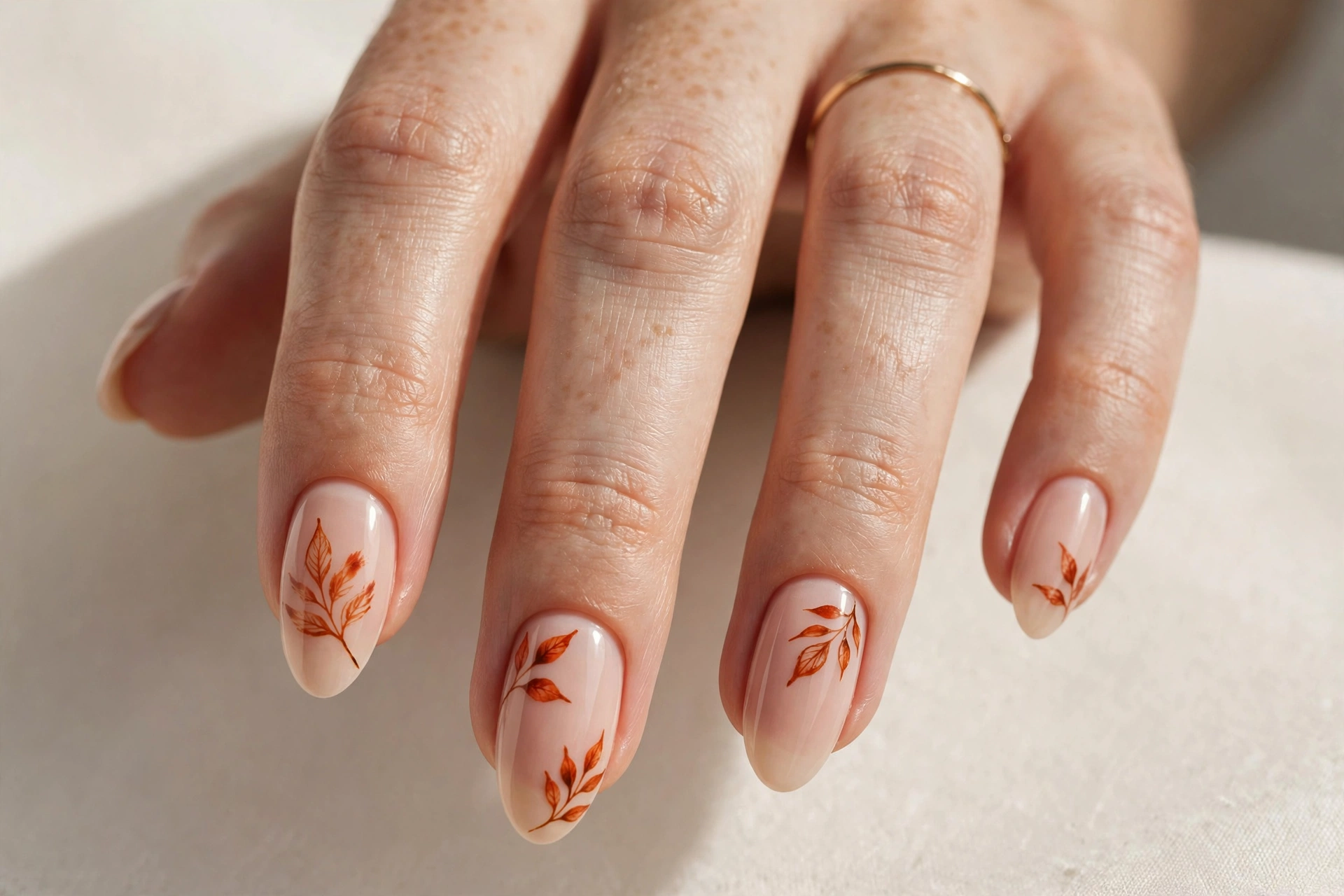 Nude nails with burnt orange hand-painted leaf art