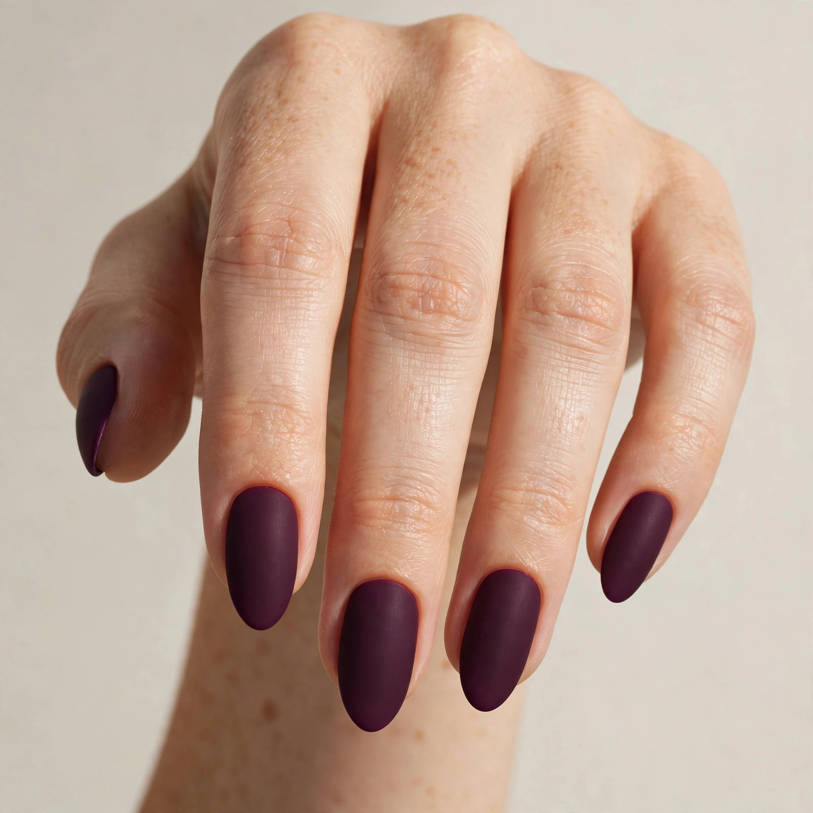 Deep plum matte nails on almond-shaped nails