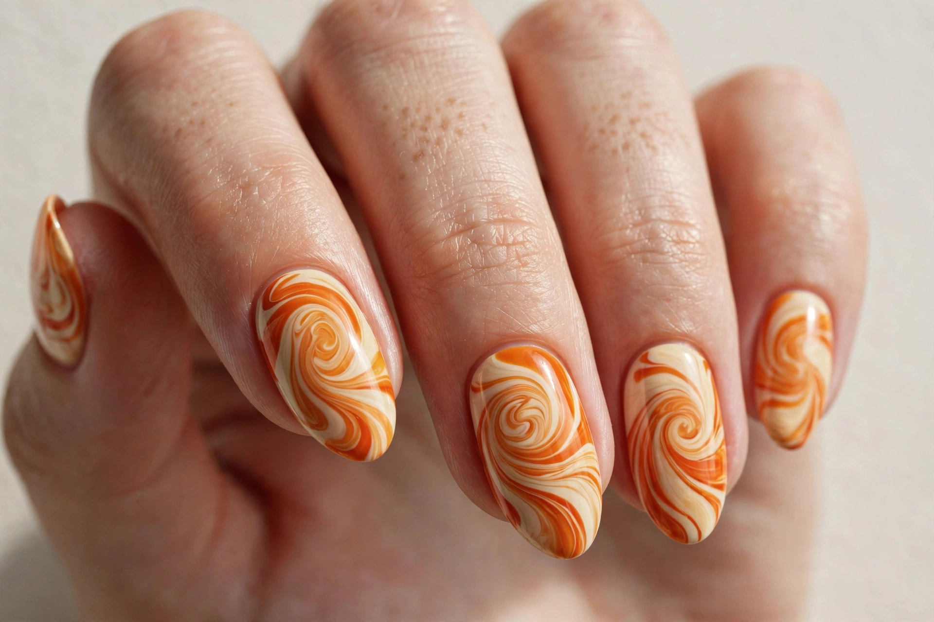 Pumpkin spice swirl nail art in orange and cream