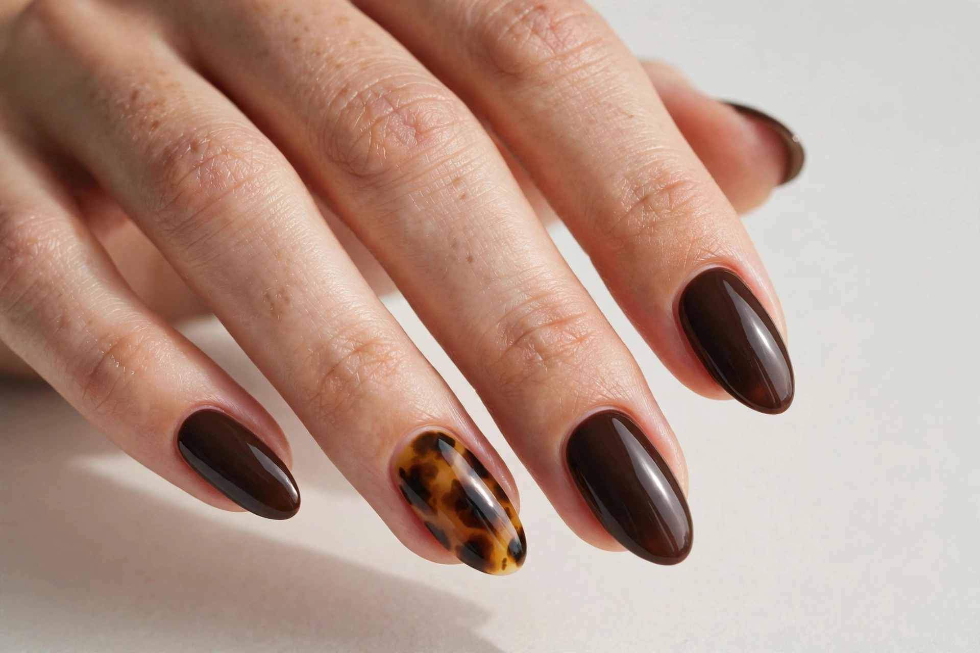 Espresso nails with tortoiseshell pattern accent nails
