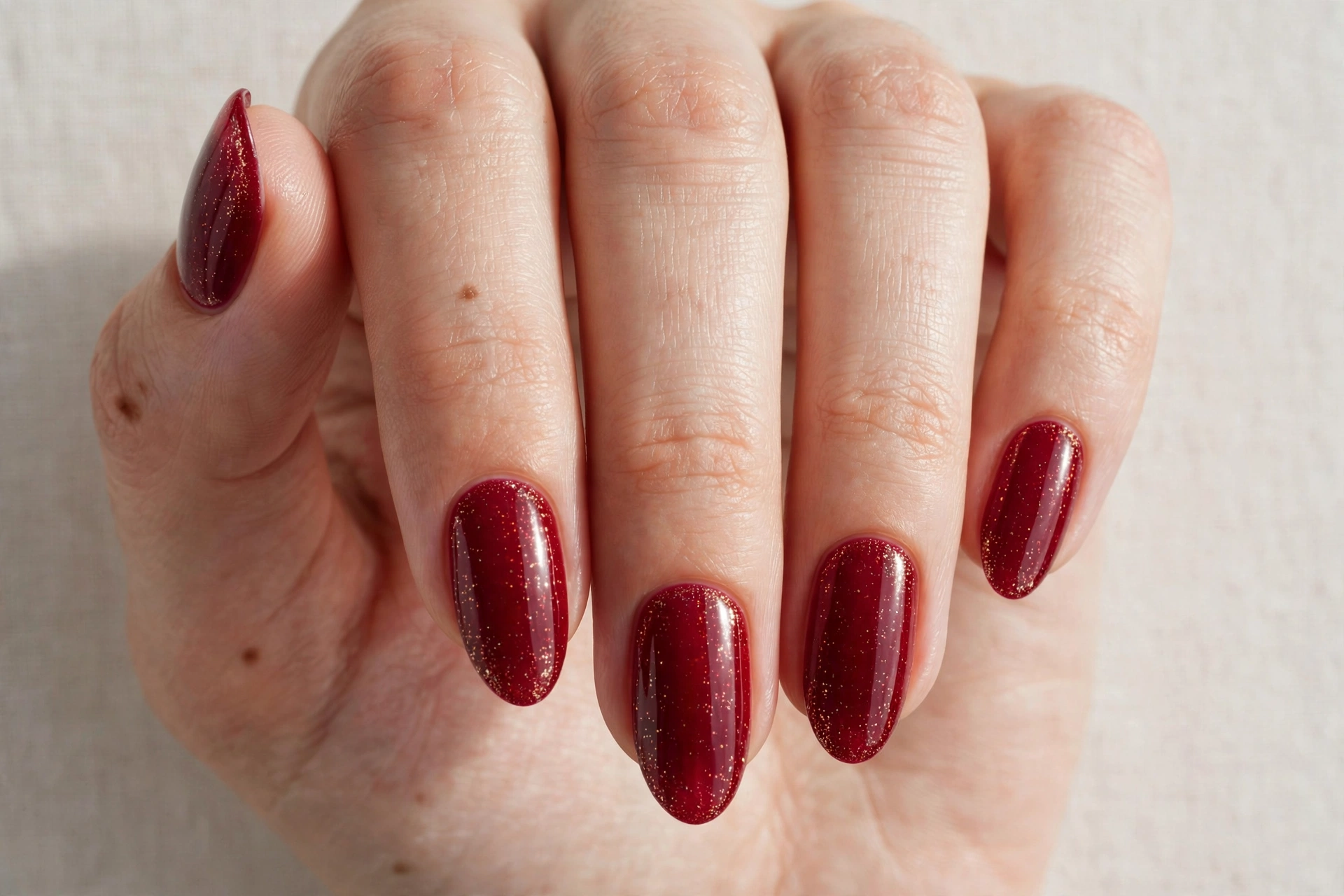 Cranberry red nails with subtle gold glitter