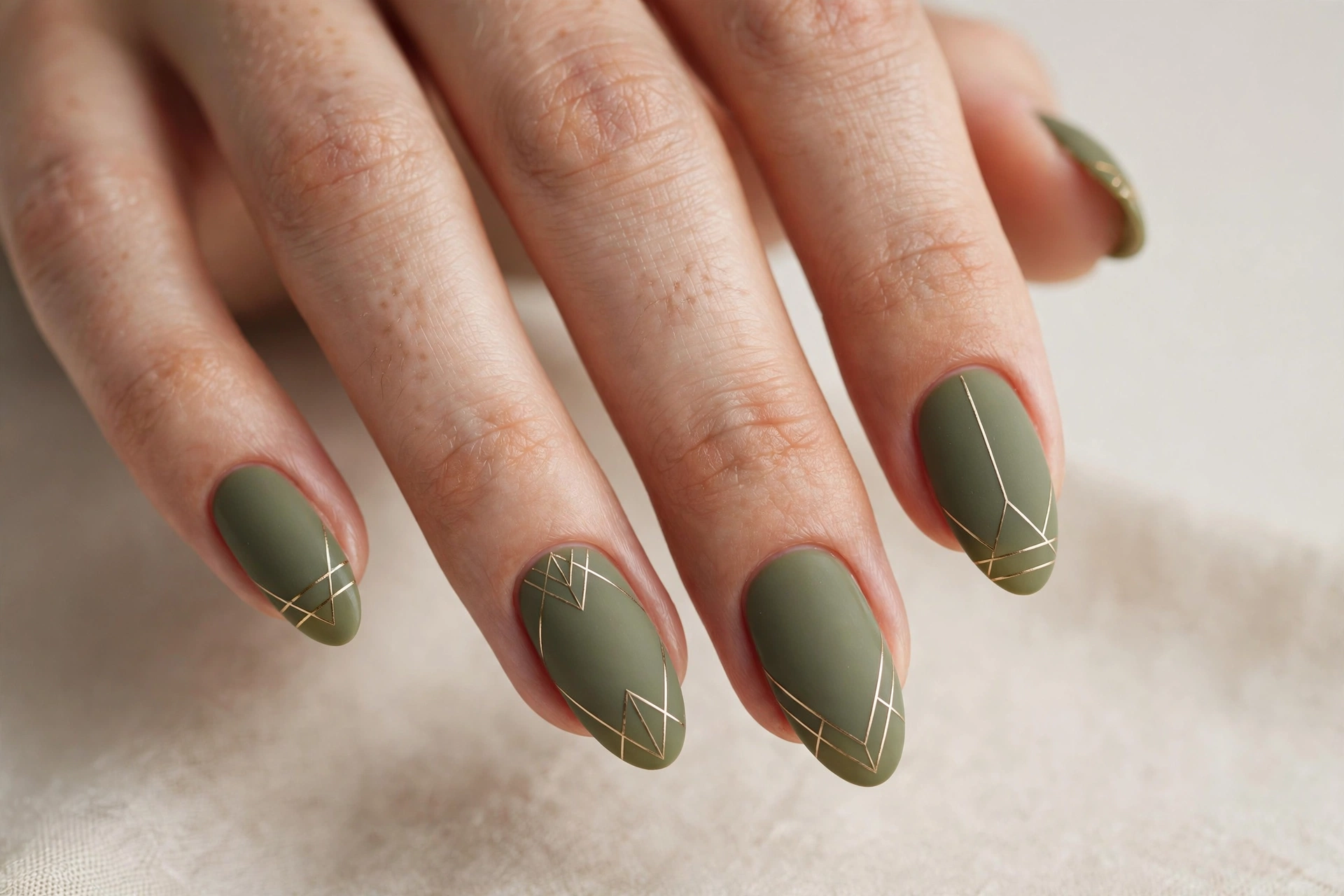 Olive green nails with thin geometric gold line art