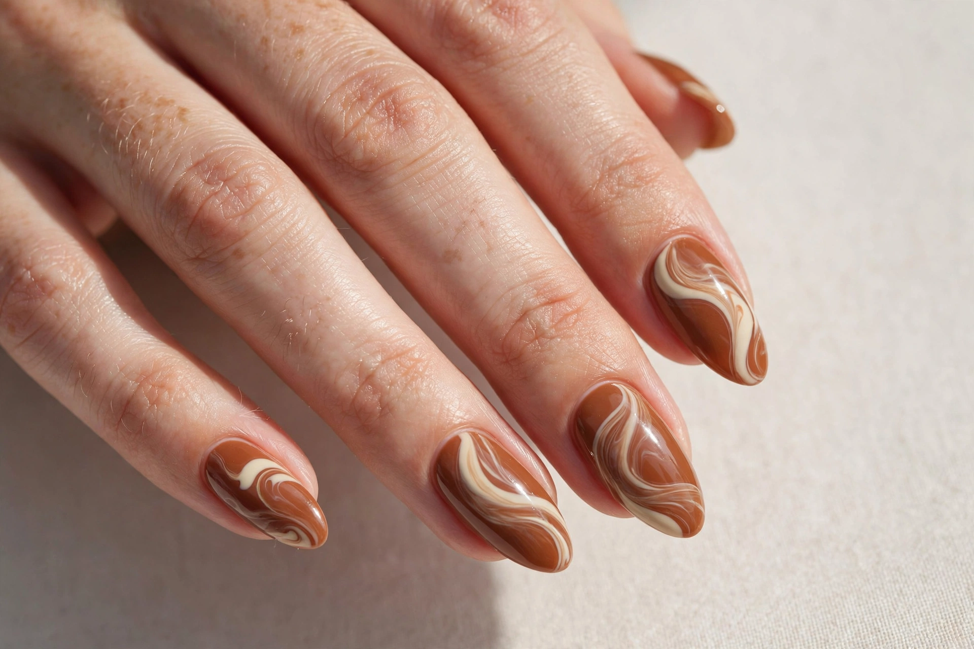 Cinnamon brown nails with cream swirl accents