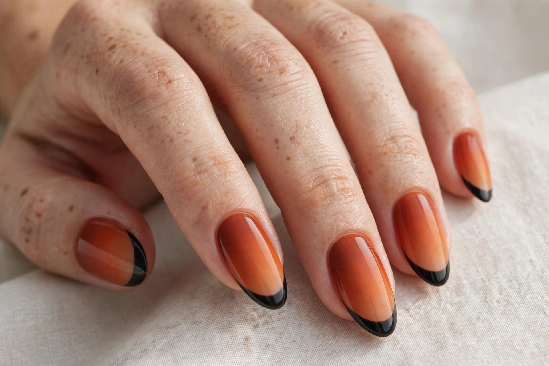 Rust orange ombre nails with black French tips