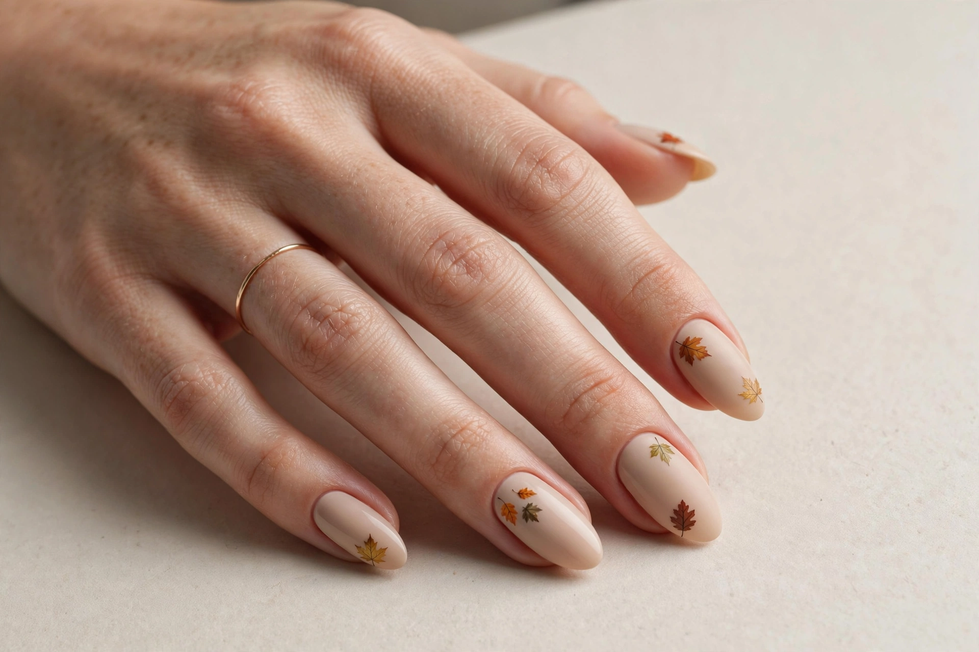 Beige nude nails with tiny fall leaf decals