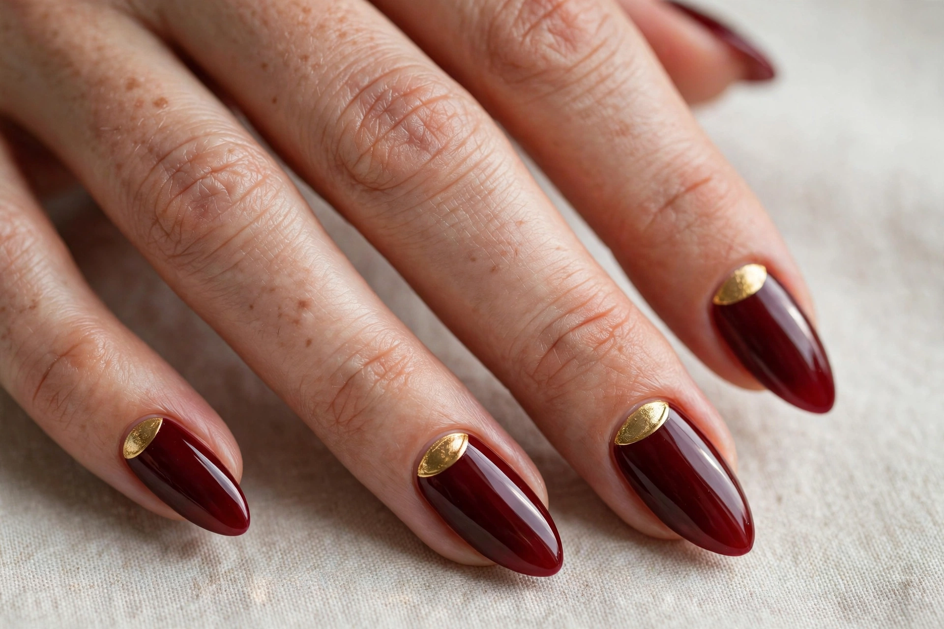 Dark cherry nails with gold half-moon accent at the cuticle