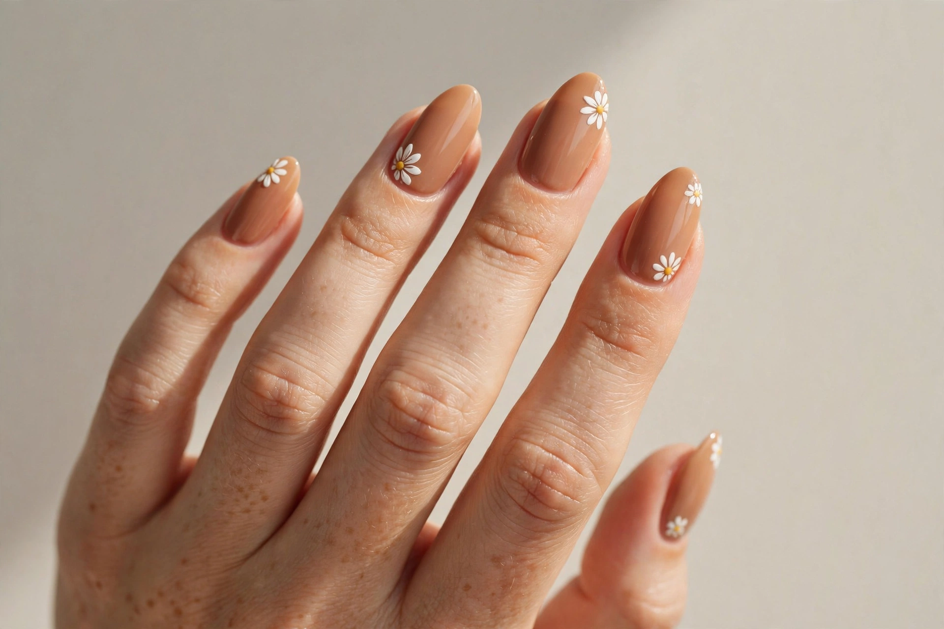 Caramel nails with white daisy flower accents