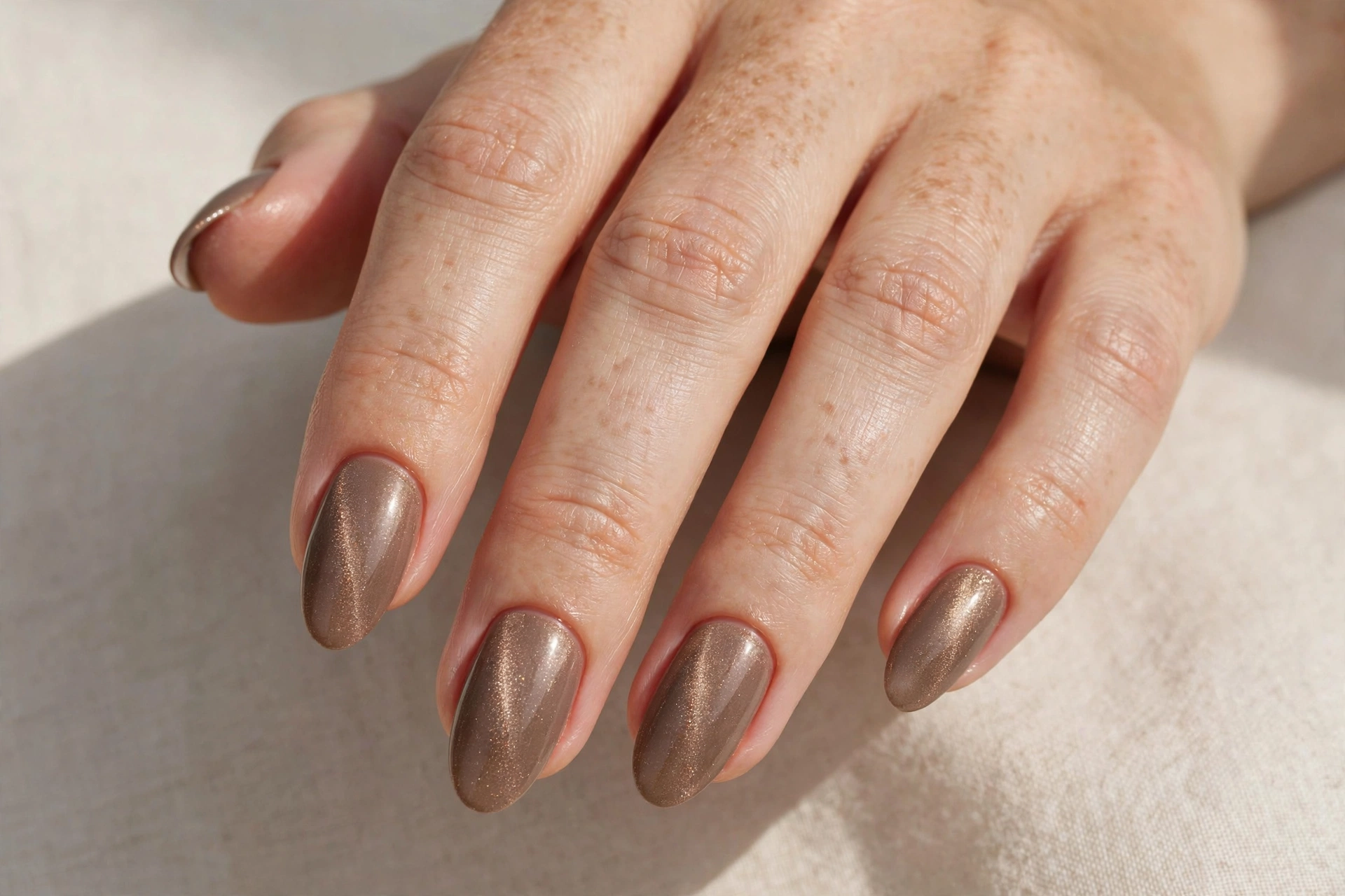 Taupe nails with bronze shimmer finish