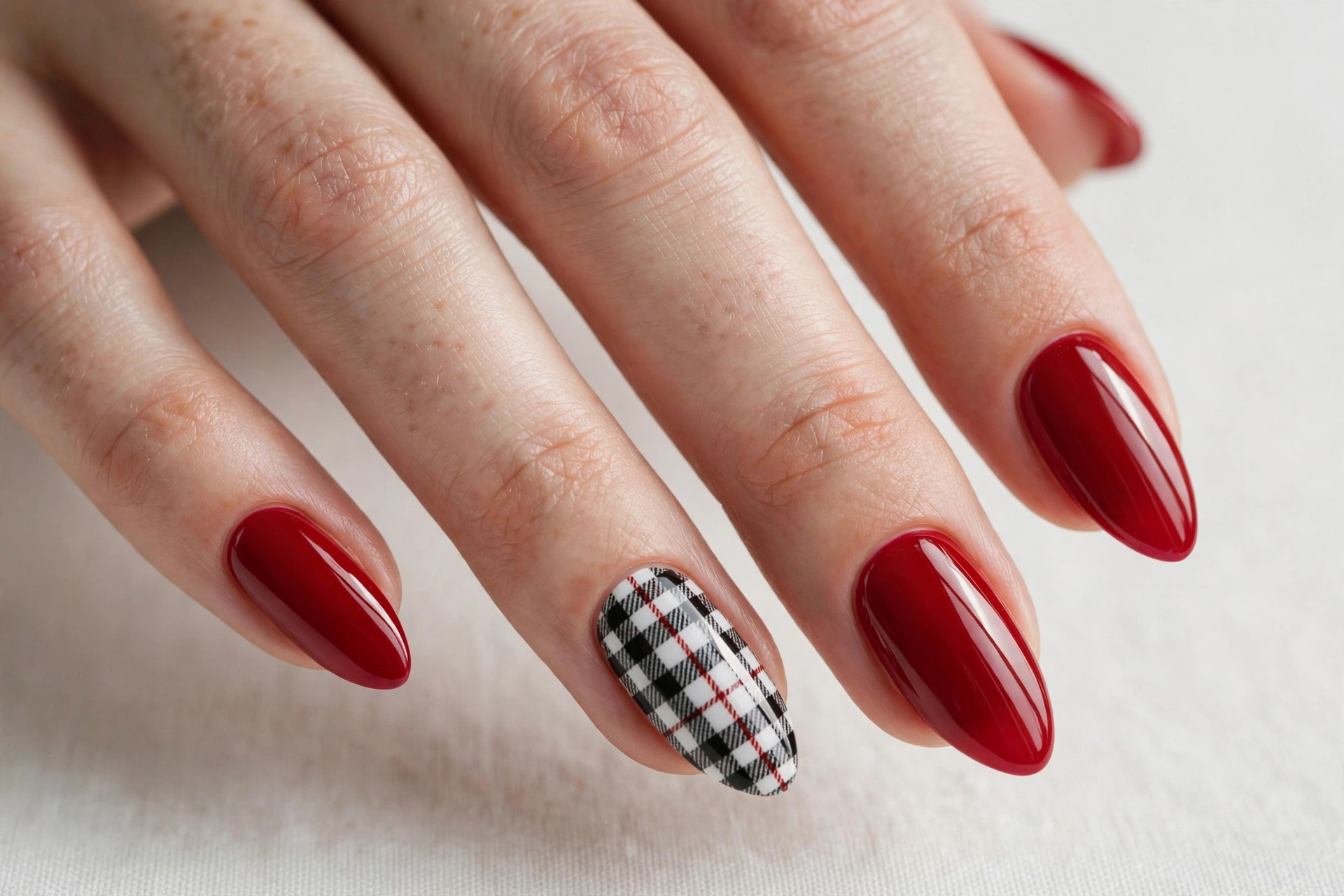 Apple red nails with a plaid pattern accent nail