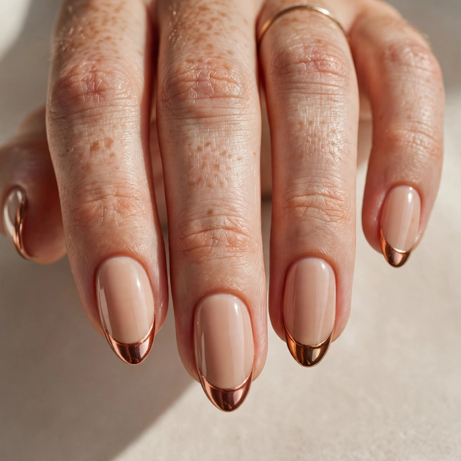 Warm nude nails with copper chrome French tips