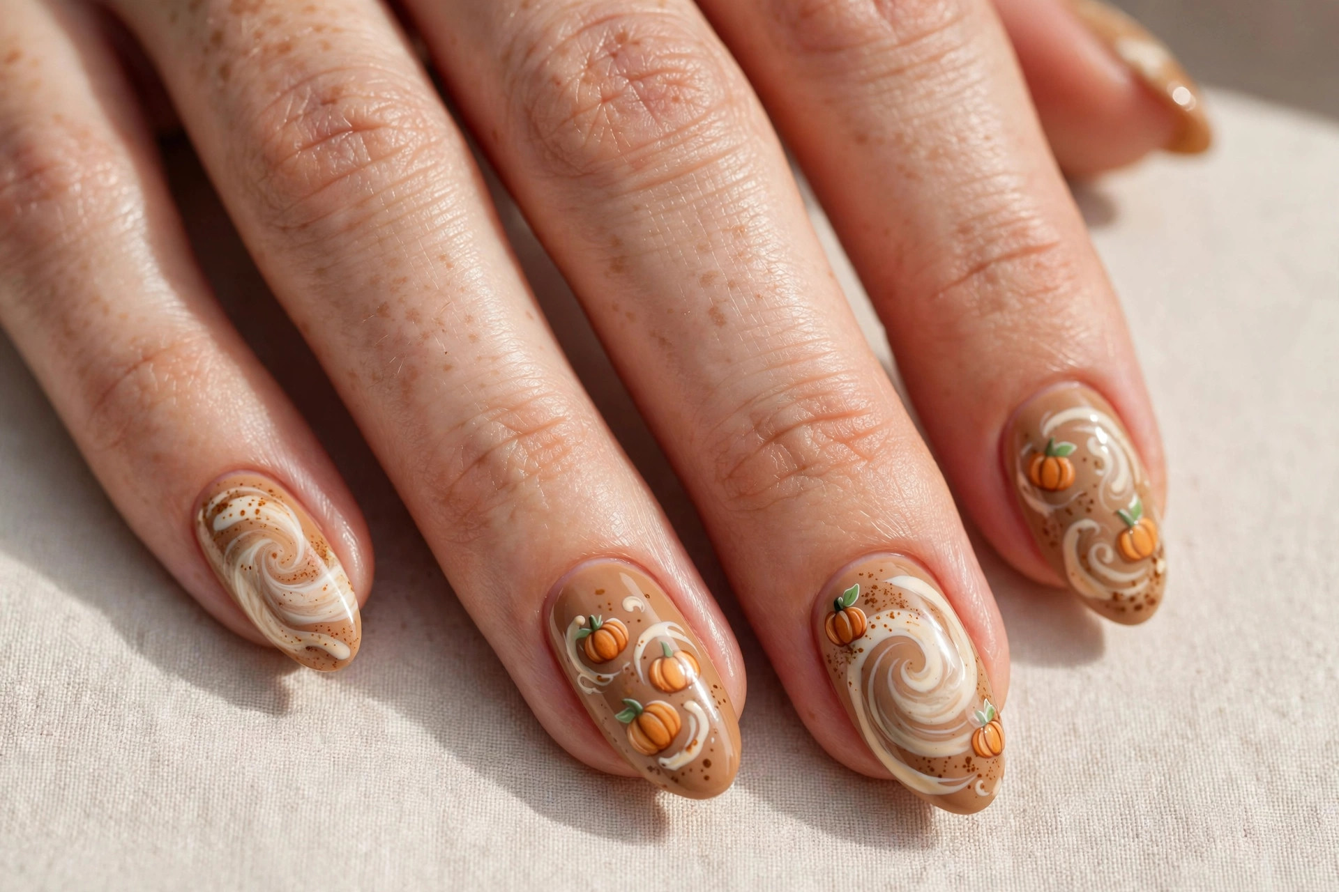 Pumpkin latte inspired fall nail art with tiny painted pumpkins