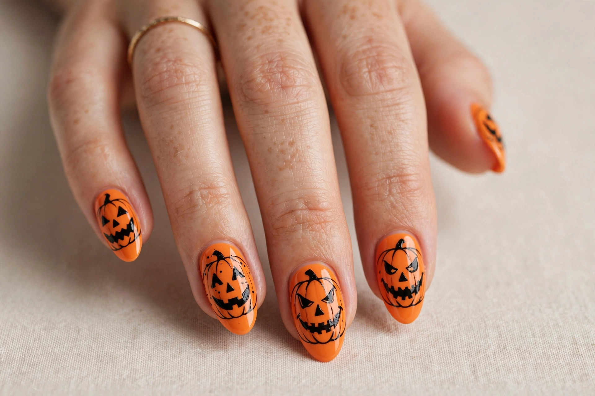Classic jack-o-lantern face nail art in orange and black on almond nails