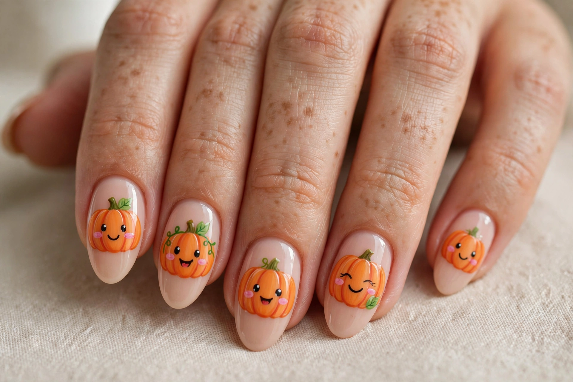 Cute kawaii smiling pumpkin nail art in soft orange