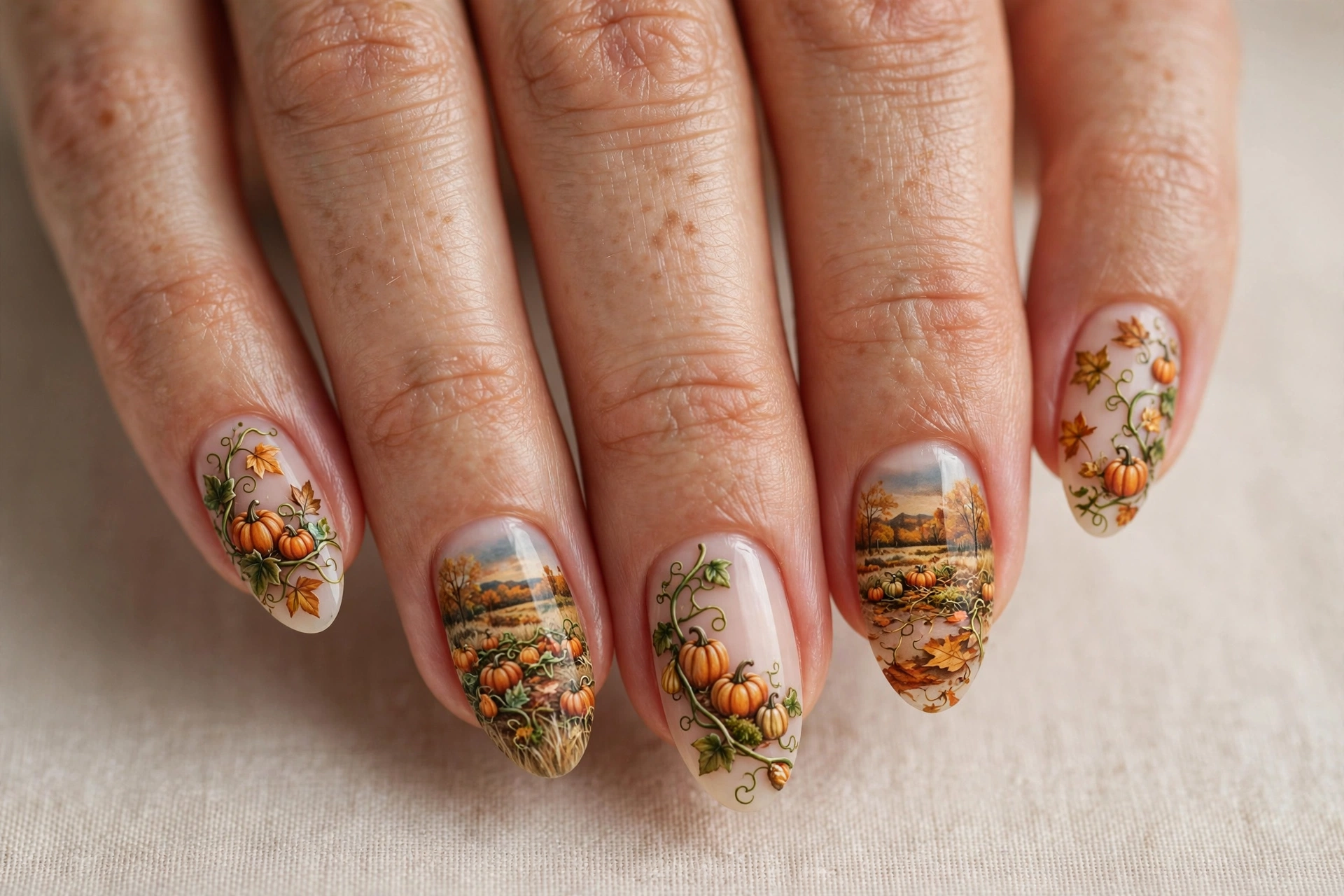 Pumpkin patch scene nail art with tiny pumpkins and vines