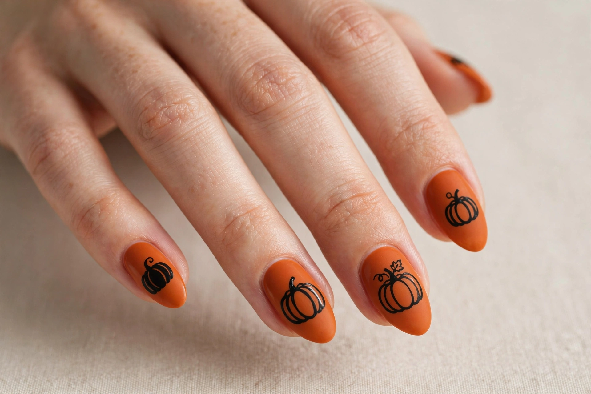 Black pumpkin silhouettes on burnt orange nails