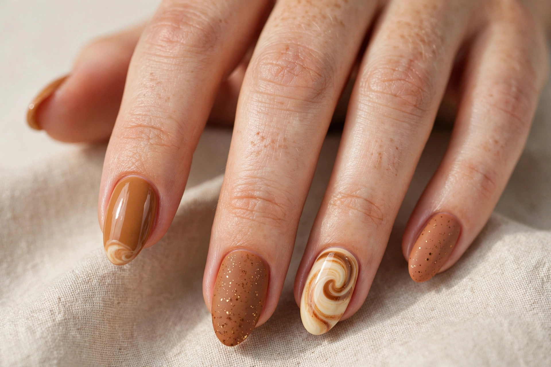 Pumpkin spice latte toned manicure in caramel cinnamon and nutmeg shades