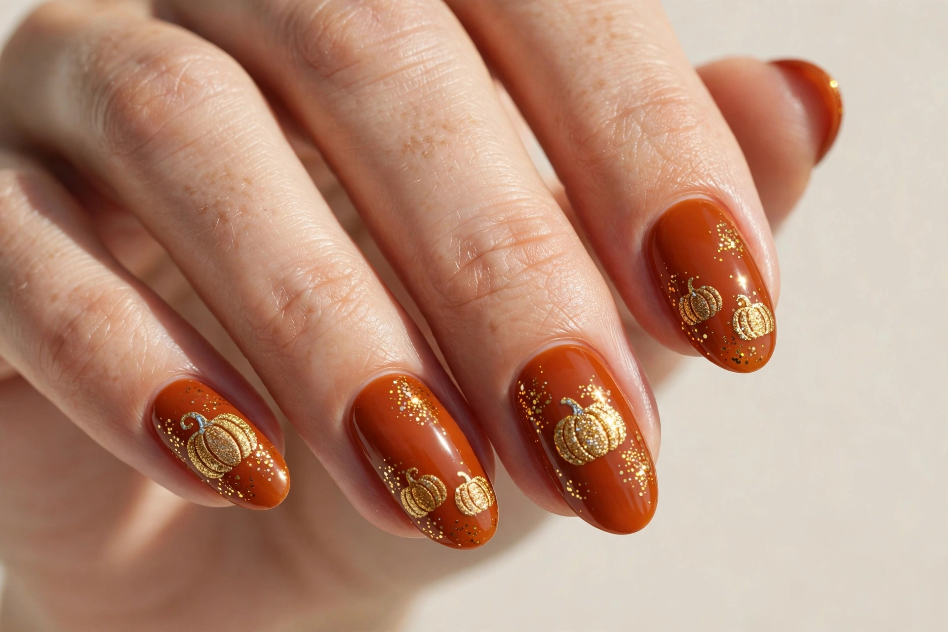 Gold glitter pumpkin nail art on deep orange nails