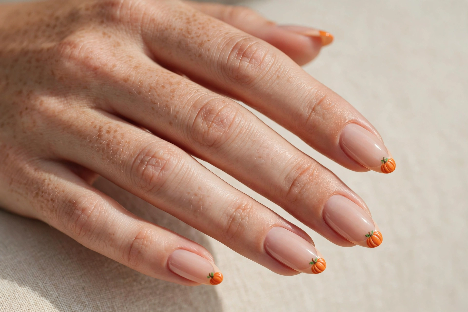 Pumpkin french tip manicure with tiny orange pumpkin tips on nude nails