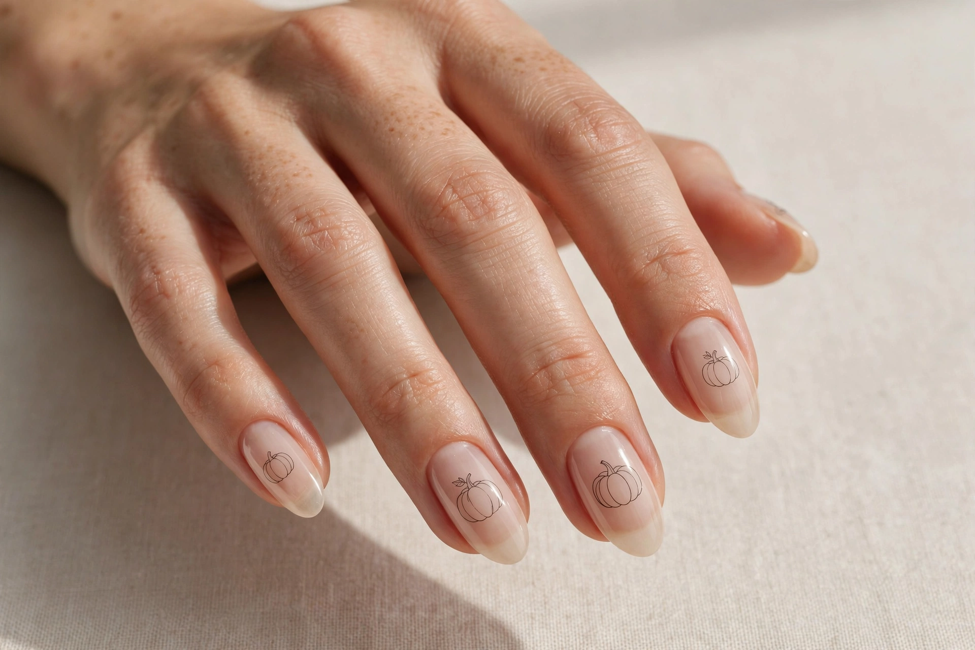 Minimal thin line pumpkin outline nail art on sheer beige nails