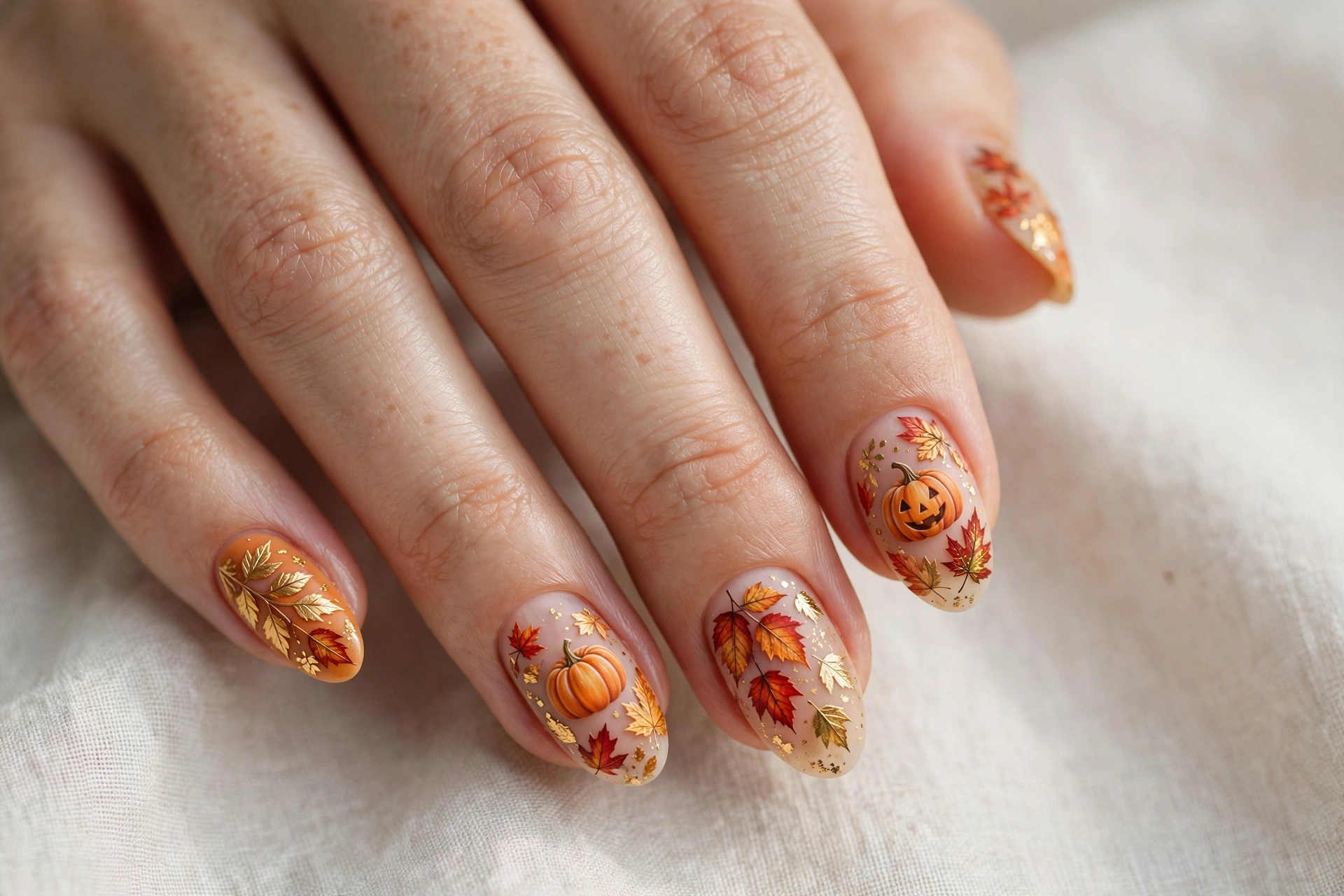 Pumpkin nail art mixed with red and gold fall leaves