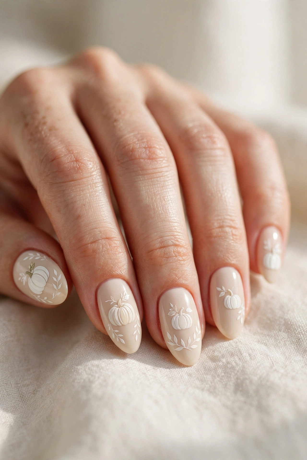 Elegant white pumpkin nail art on soft cream nails