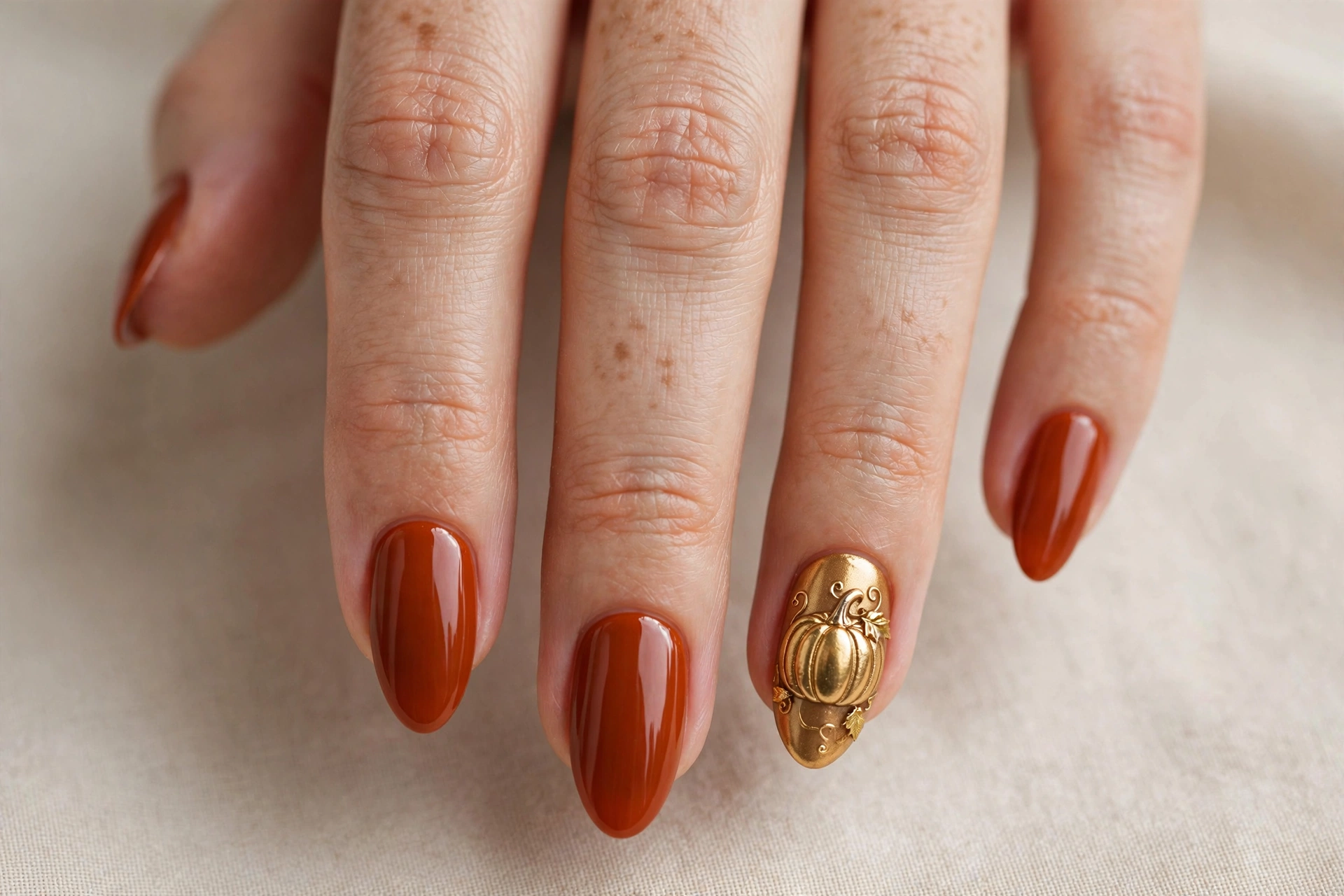 Deep orange nails with metallic gold pumpkin accent nail