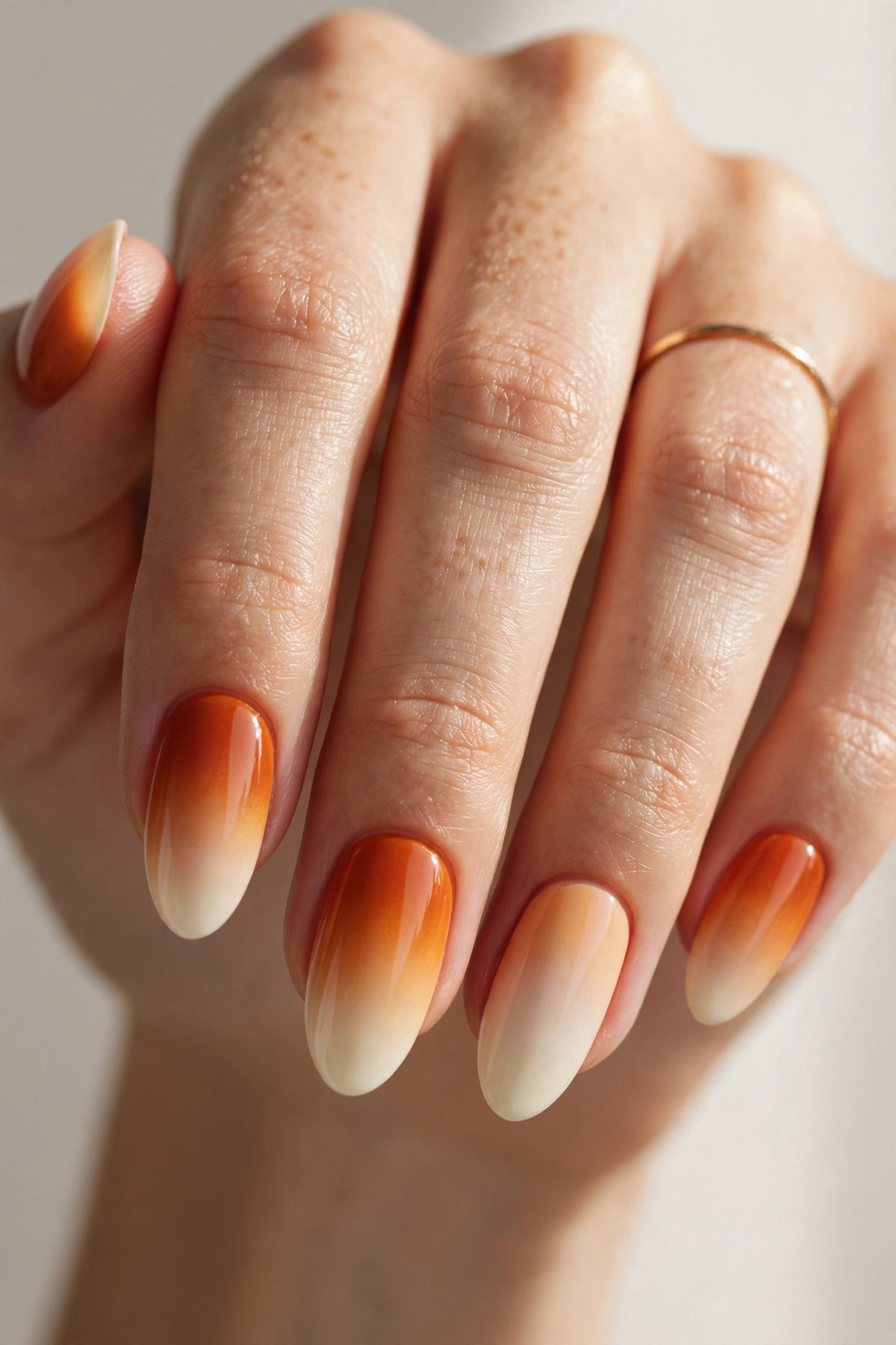 Pumpkin ombre manicure fading from deep orange to cream